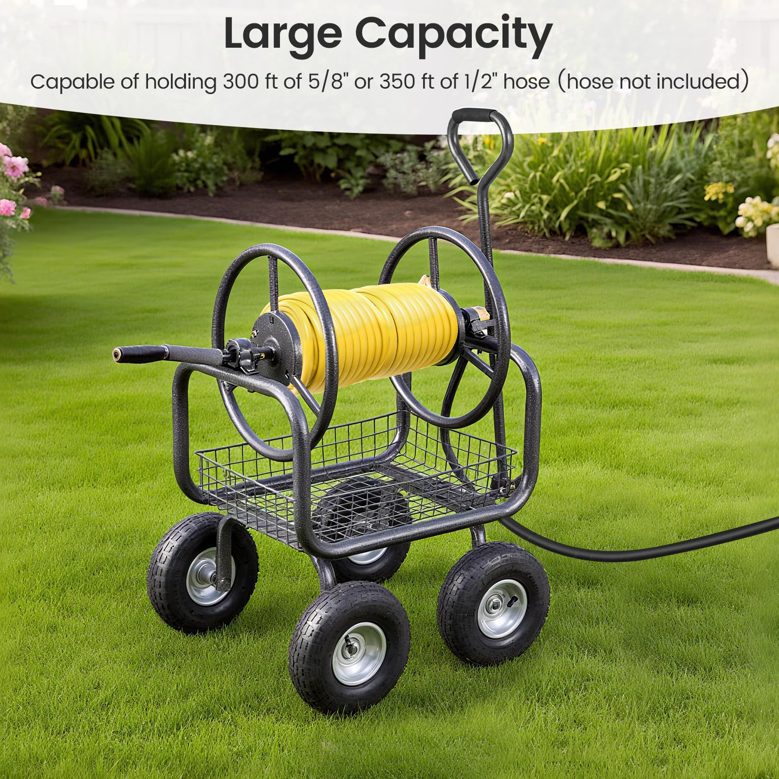 Goplus Hose Reel Cart with Storage Basket Hold Up to 300 ft of 5/8" Hoses - Image 2