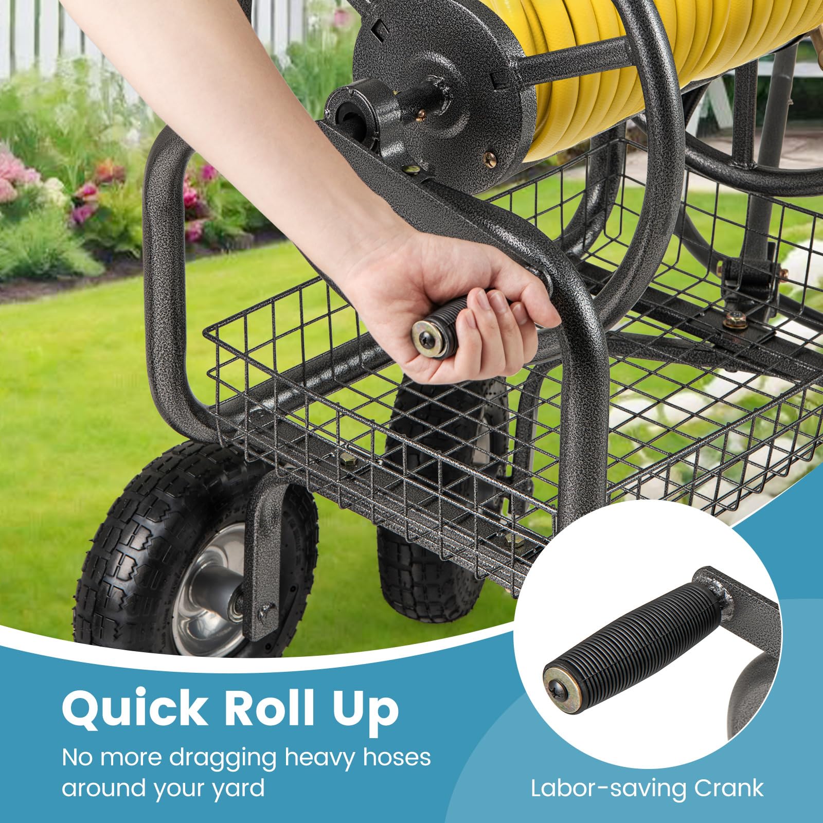 Goplus Hose Reel Cart with Storage Basket Hold Up to 300 ft of 5/8" Hoses - Image 3