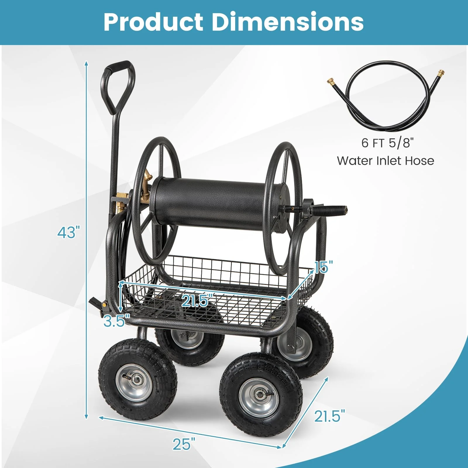 Goplus Hose Reel Cart with Storage Basket Hold Up to 300 ft of 5/8" Hoses - Image 7