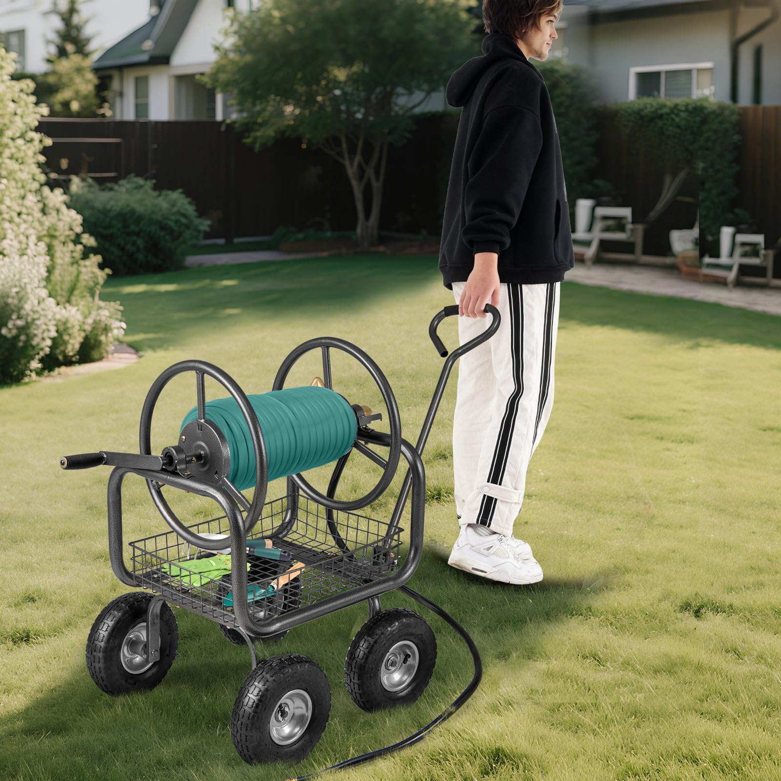 Goplus Hose Reel Cart with Storage Basket Hold Up to 300 ft of 5/8" Hoses - Image 8