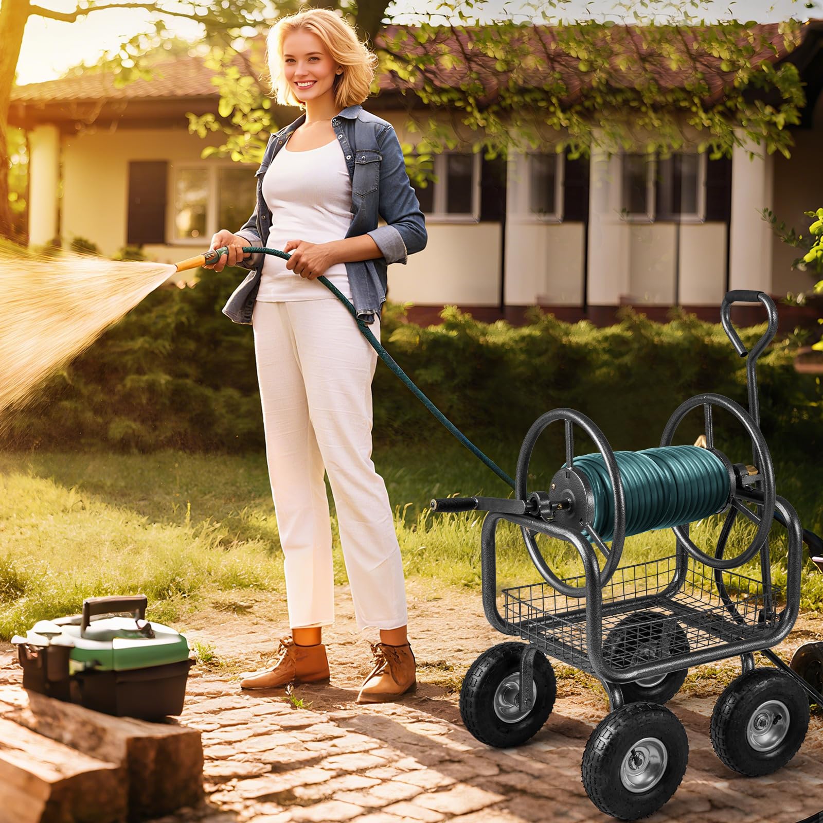 Goplus Hose Reel Cart with Storage Basket Hold Up to 300 ft of 5/8" Hoses - Image 9