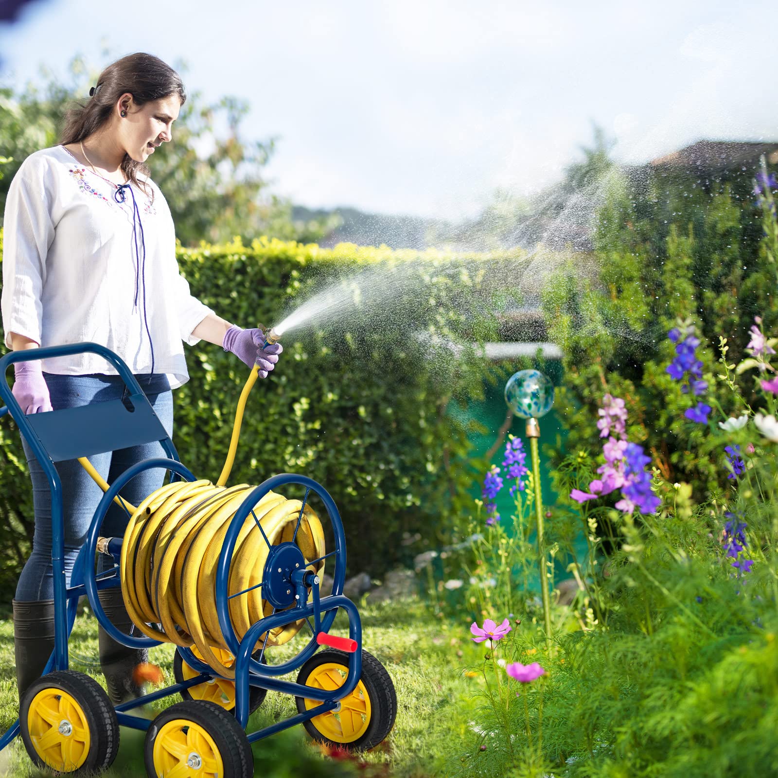 Goplus Garden Hose Reel Cart, Heavy Duty Water Planting Cart w/Non-slip Crank Handle, 4 Solid Wheels - Image 2