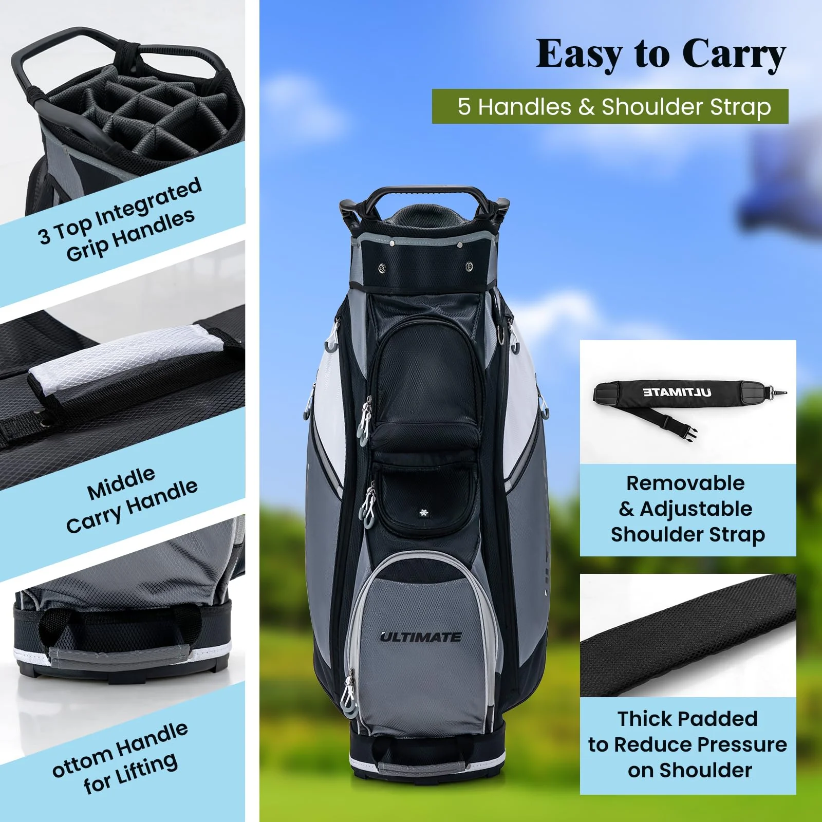 Goplus Golf Cart Bag with 14-Way Top Dividers, Golf Club Bag with 7 Zippered Pockets Including Cooler Bag - Image 5