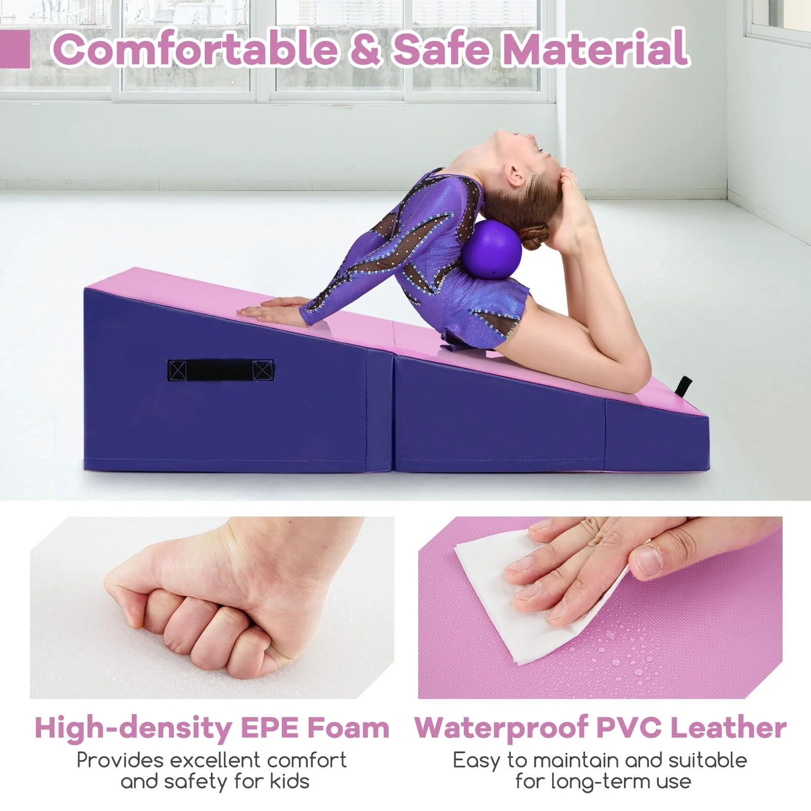 Goplus Gymnastics Mat, Folding Incline Yoga Mat with EPE Foam, Non-slip PVC Leather, Carrying Handle - Image 3