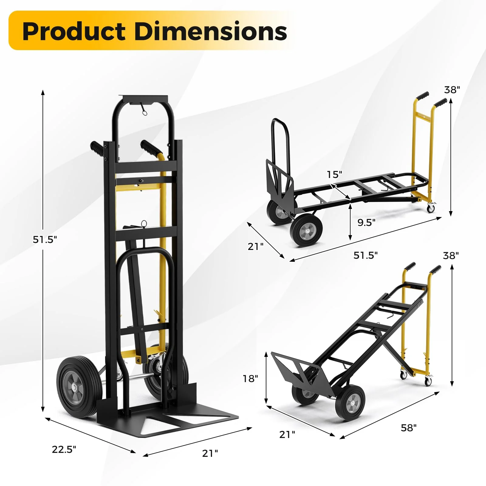Goplus Hand Truck, 3-in-1 Convertible Metal Dolly Cart with 4 Rubber Wheels, 1000 lbs Max Load Capacity - Image 6