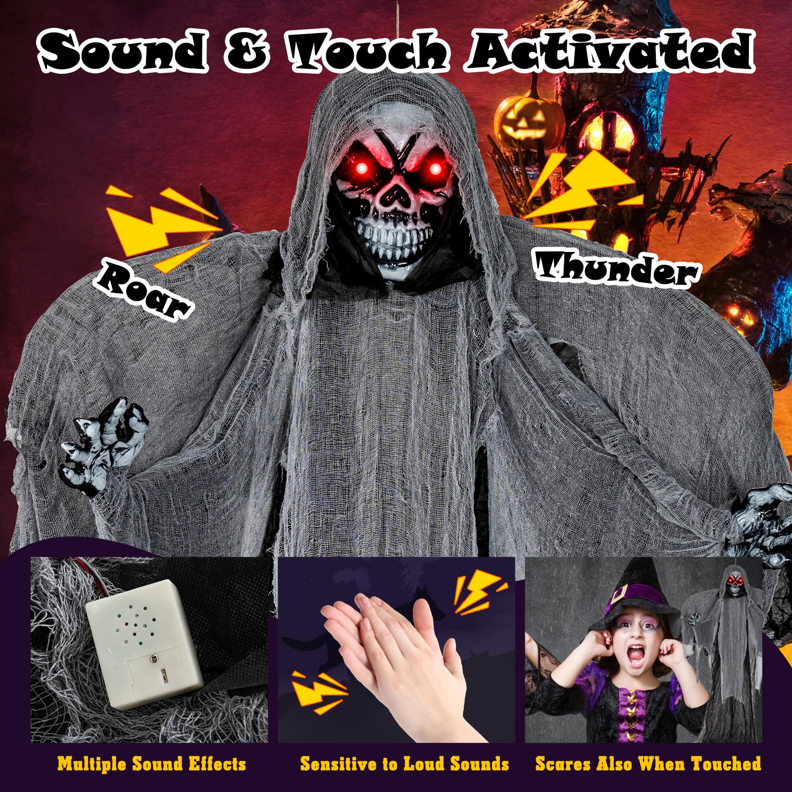 Goplus Hanging Halloween Decoration, 12.1 Ft Skeleton Ghost with Flickering Red Eyes, Scary Sounds - Image 3