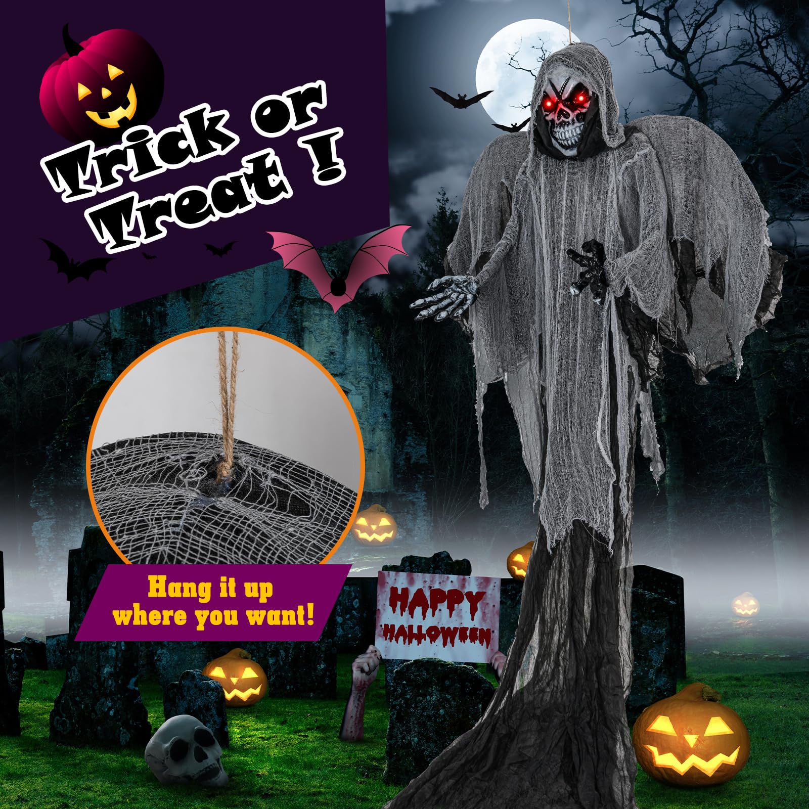 Goplus Hanging Halloween Decoration, 12.1 Ft Skeleton Ghost with Flickering Red Eyes, Scary Sounds - Image 4