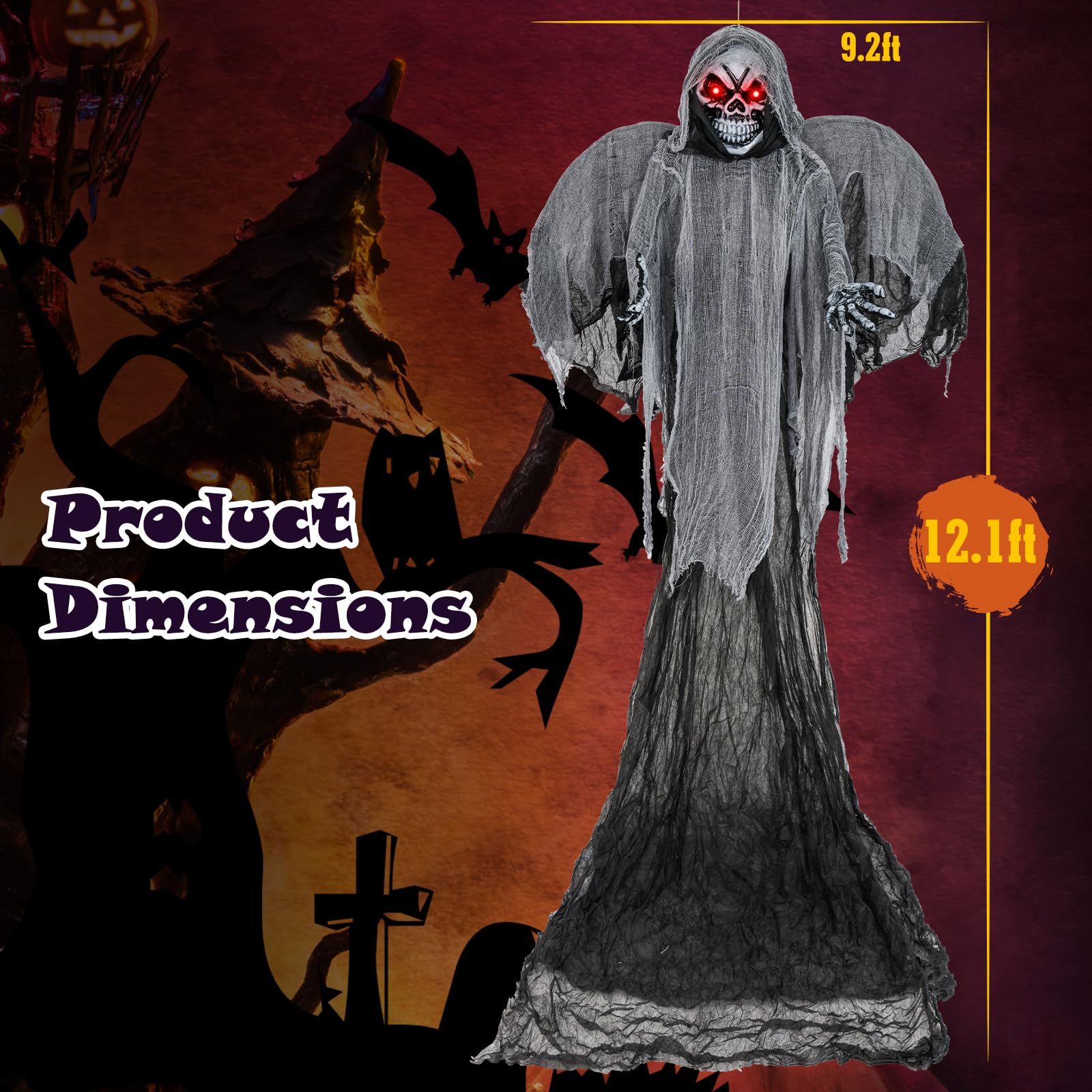 Goplus Hanging Halloween Decoration, 12.1 Ft Skeleton Ghost with Flickering Red Eyes, Scary Sounds - Image 6