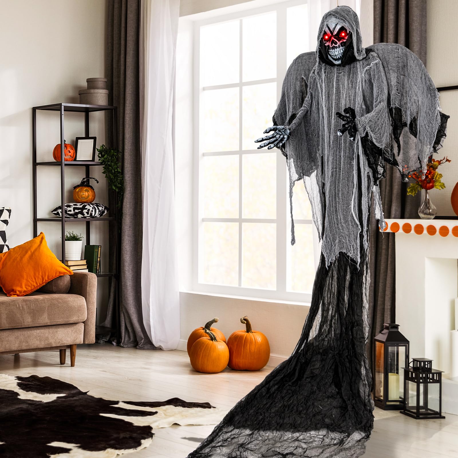 Goplus Hanging Halloween Decoration, 12.1 Ft Skeleton Ghost with Flickering Red Eyes, Scary Sounds - Image 7