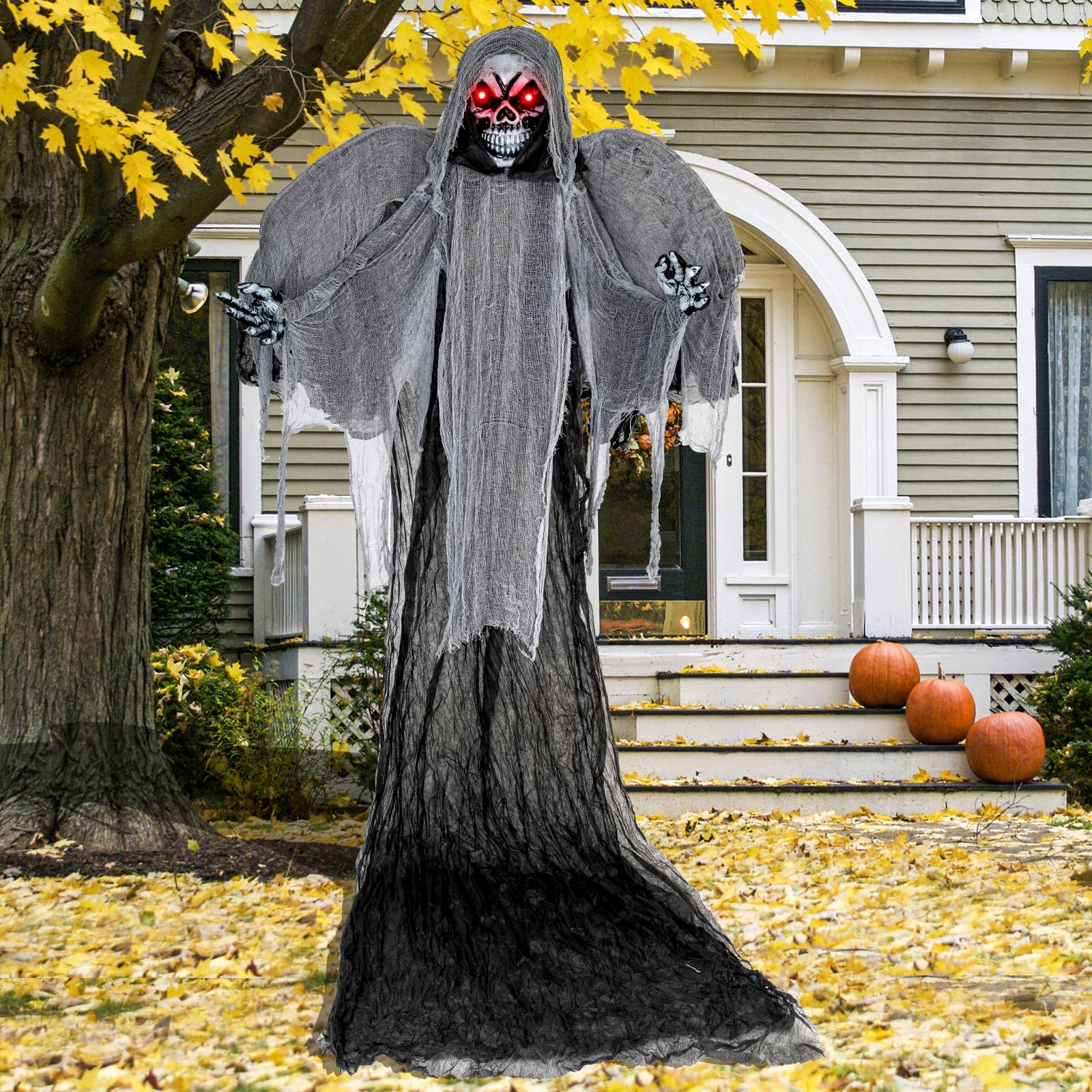 Goplus Hanging Halloween Decoration, 12.1 Ft Skeleton Ghost with Flickering Red Eyes, Scary Sounds - Image 8