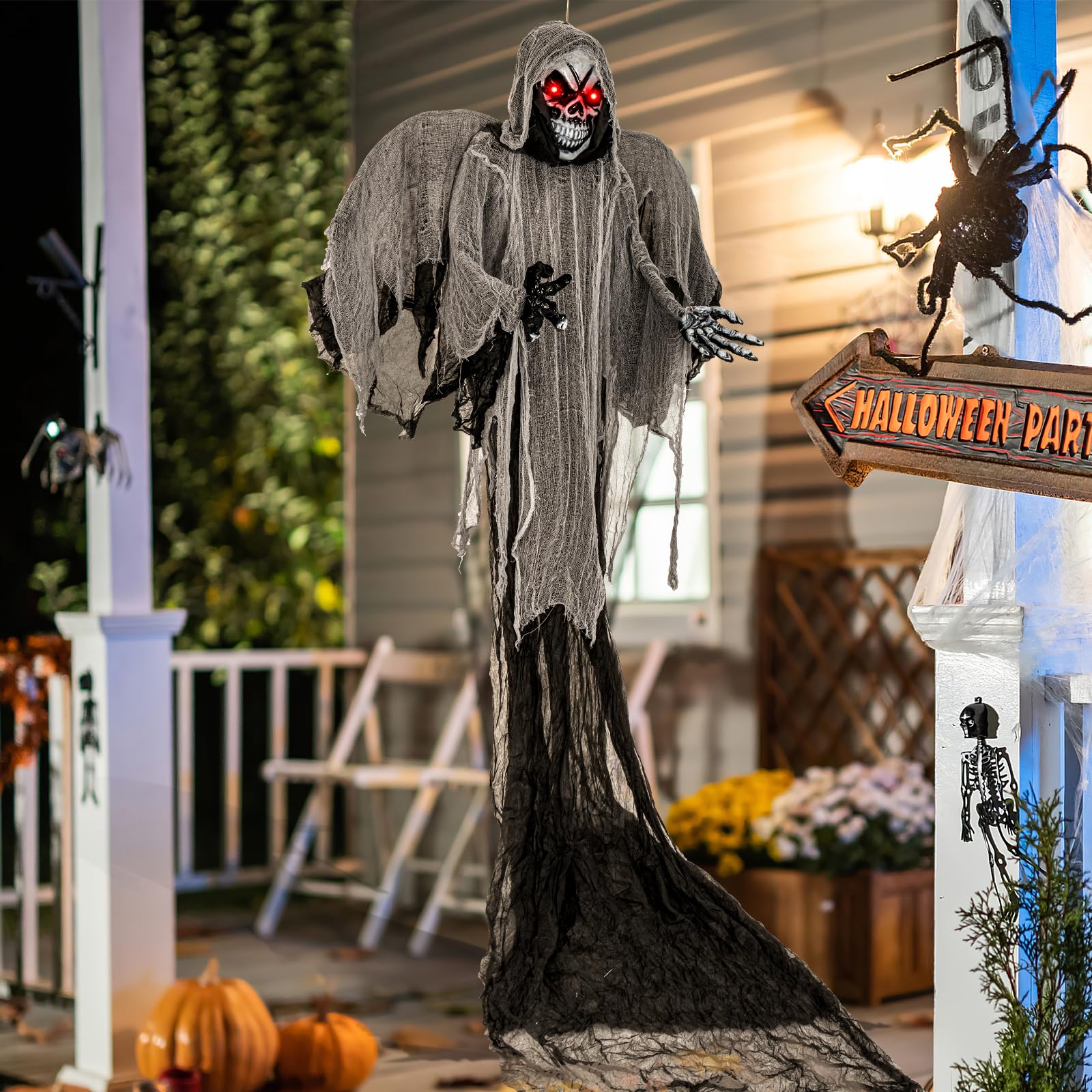 Goplus Hanging Halloween Decoration, 12.1 Ft Skeleton Ghost with Flickering Red Eyes, Scary Sounds - Image 9