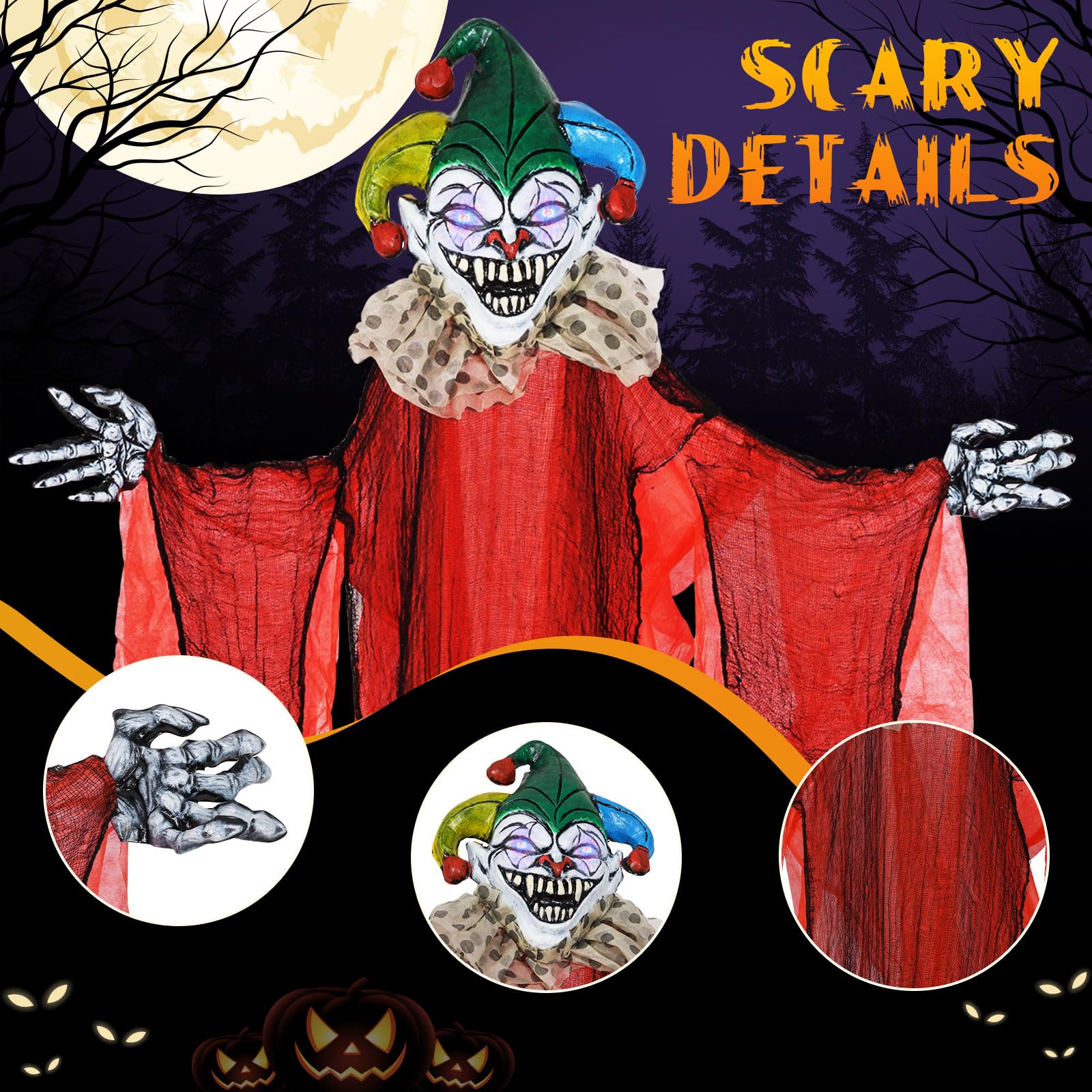 Goplus Hanging Halloween Decoration, 13.1 Ft Hanging Clown with Colorful Eyes & Adjustable Arms - Image 6