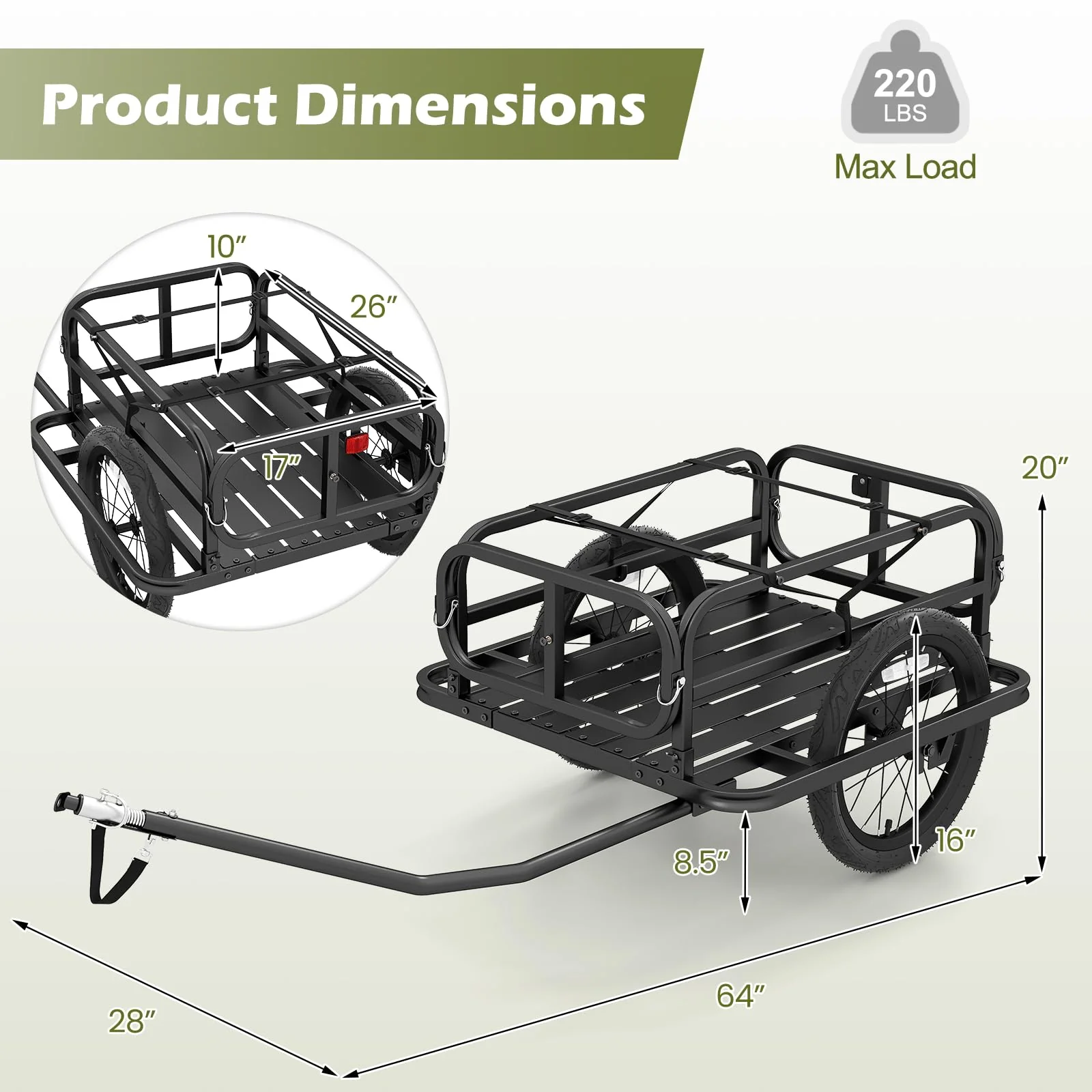 Goplus Heavy-Duty Bike Cargo Trailer with Universal Hitch & 16” Large Tires - Image 7