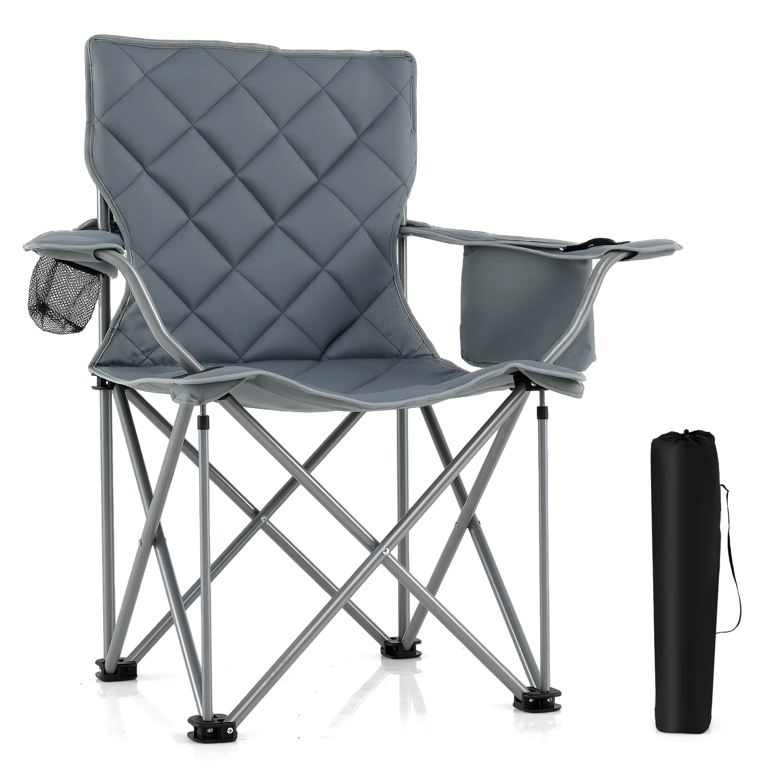 Goplus Heavy Duty Outdoor Folding Chair with Cooler Pouch & Cup Holder | Support 500 LBS