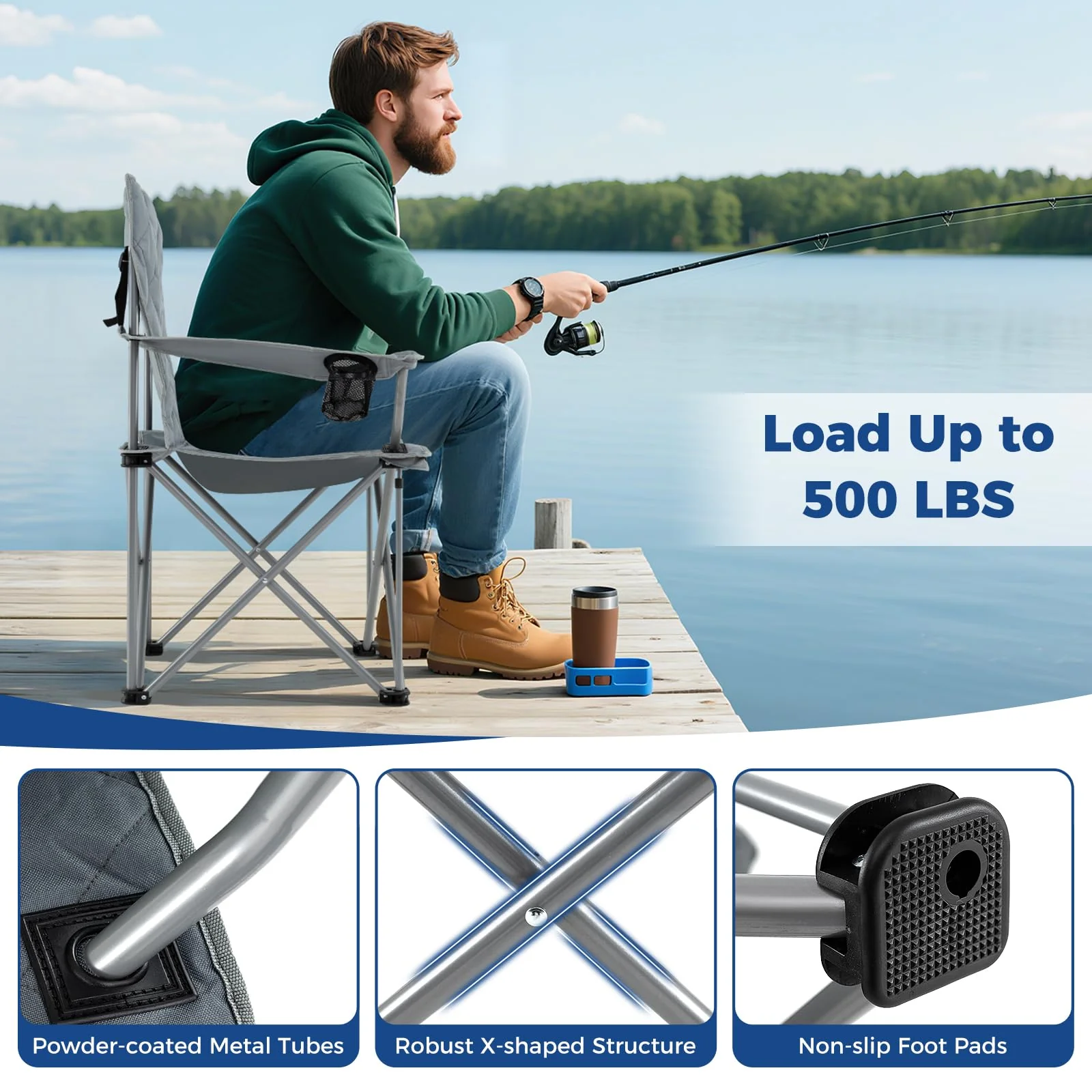 Goplus Heavy Duty Outdoor Folding Chair with Cooler Pouch & Cup Holder | Support 500 LBS - Image 6