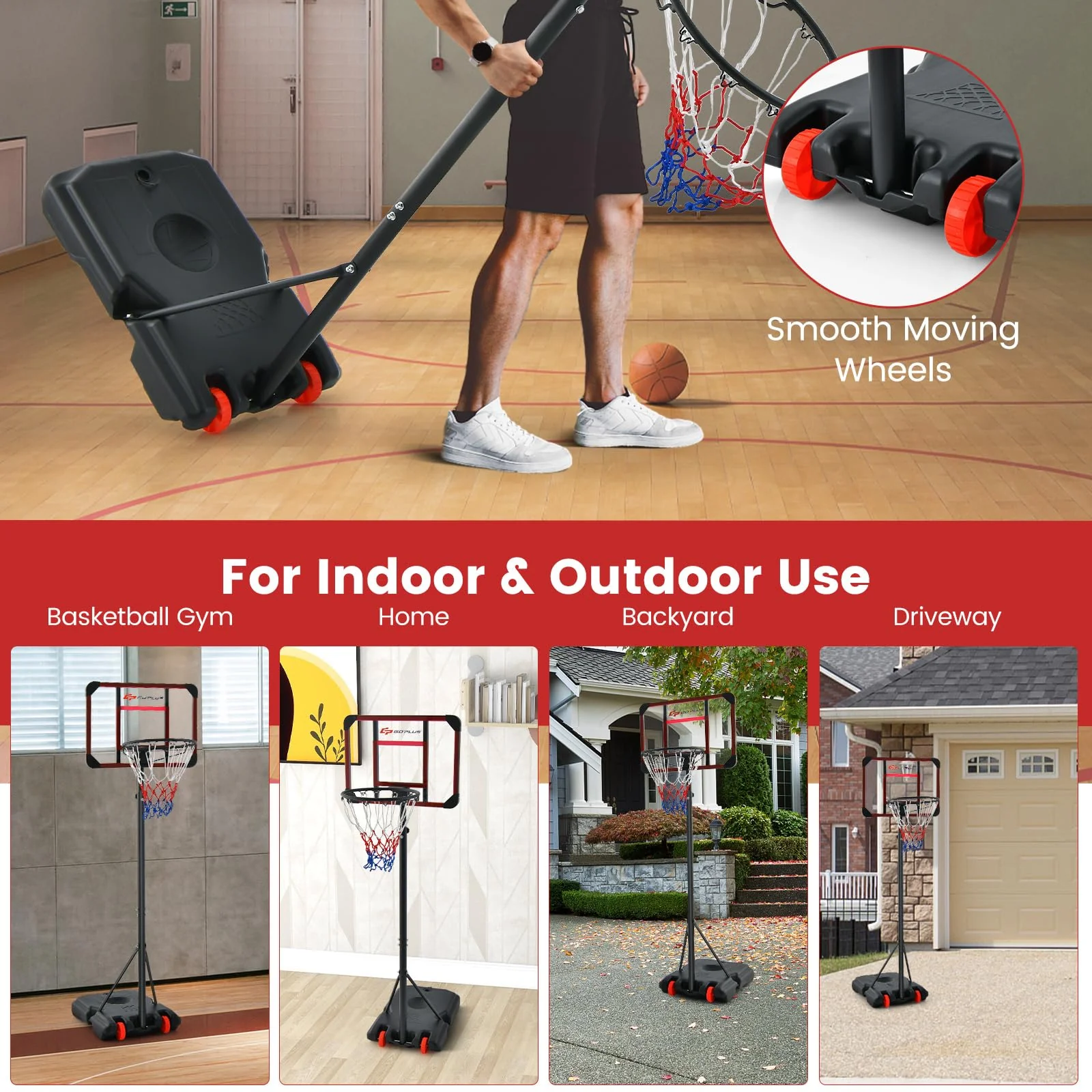 Goplus Height Adjustable 6.3 FT-8.1 FT Basketball Hoop Stand, Basketball Hoop & Goal Set with Wheel, Ball Storage - Image 7