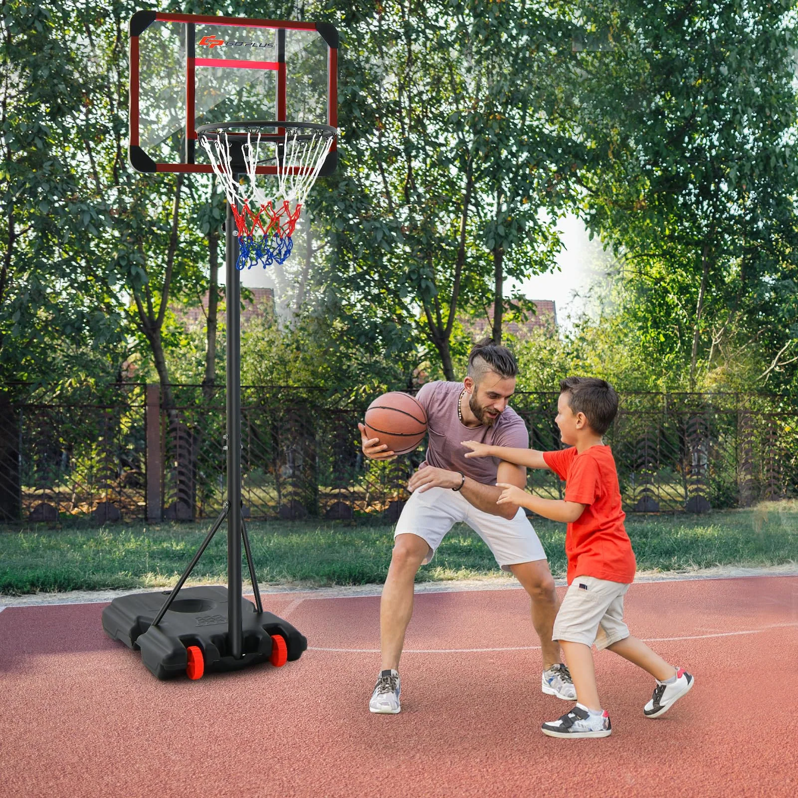 Goplus Height Adjustable 6.3 FT-8.1 FT Basketball Hoop Stand, Basketball Hoop & Goal Set with Wheel, Ball Storage - Image 9