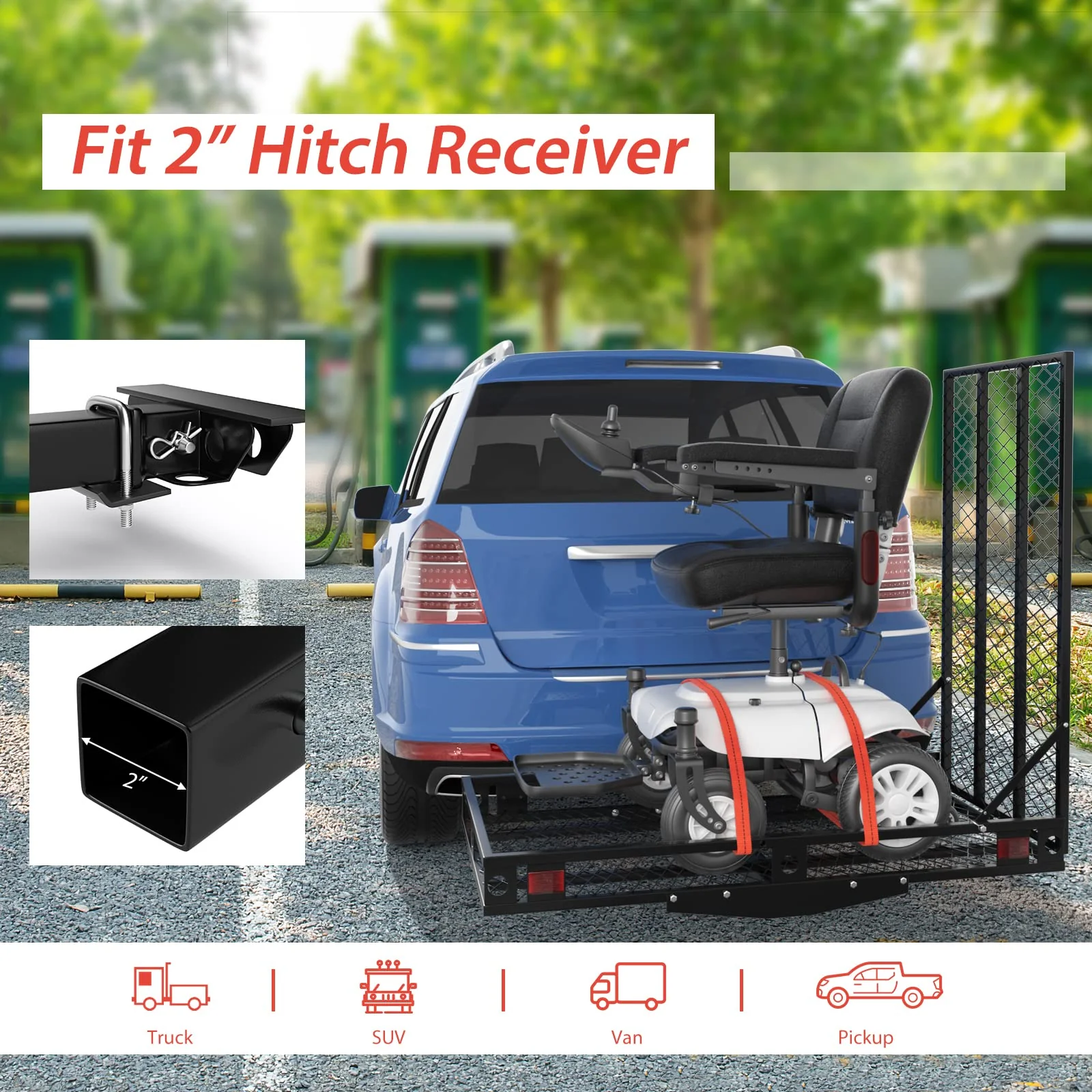 Goplus Hitch Mount Wheelchair Carrier, Mobility Scooter Loading Ramp with 2 Tie Down Straps - Image 4