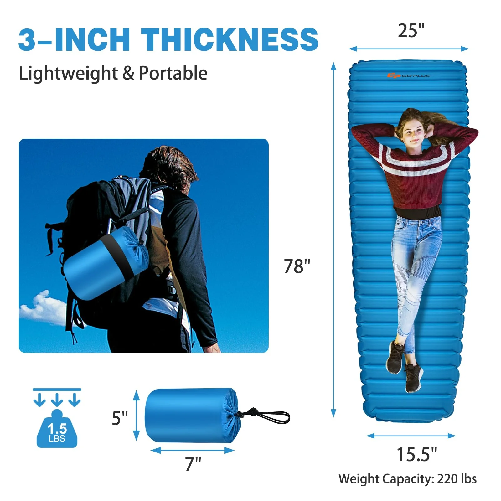 Goplus Inflatable Camping Sleeping Pad, 3 Inch Thick Camping Pad, Waterproof & Comfortable Sleeping Mat - Image 7