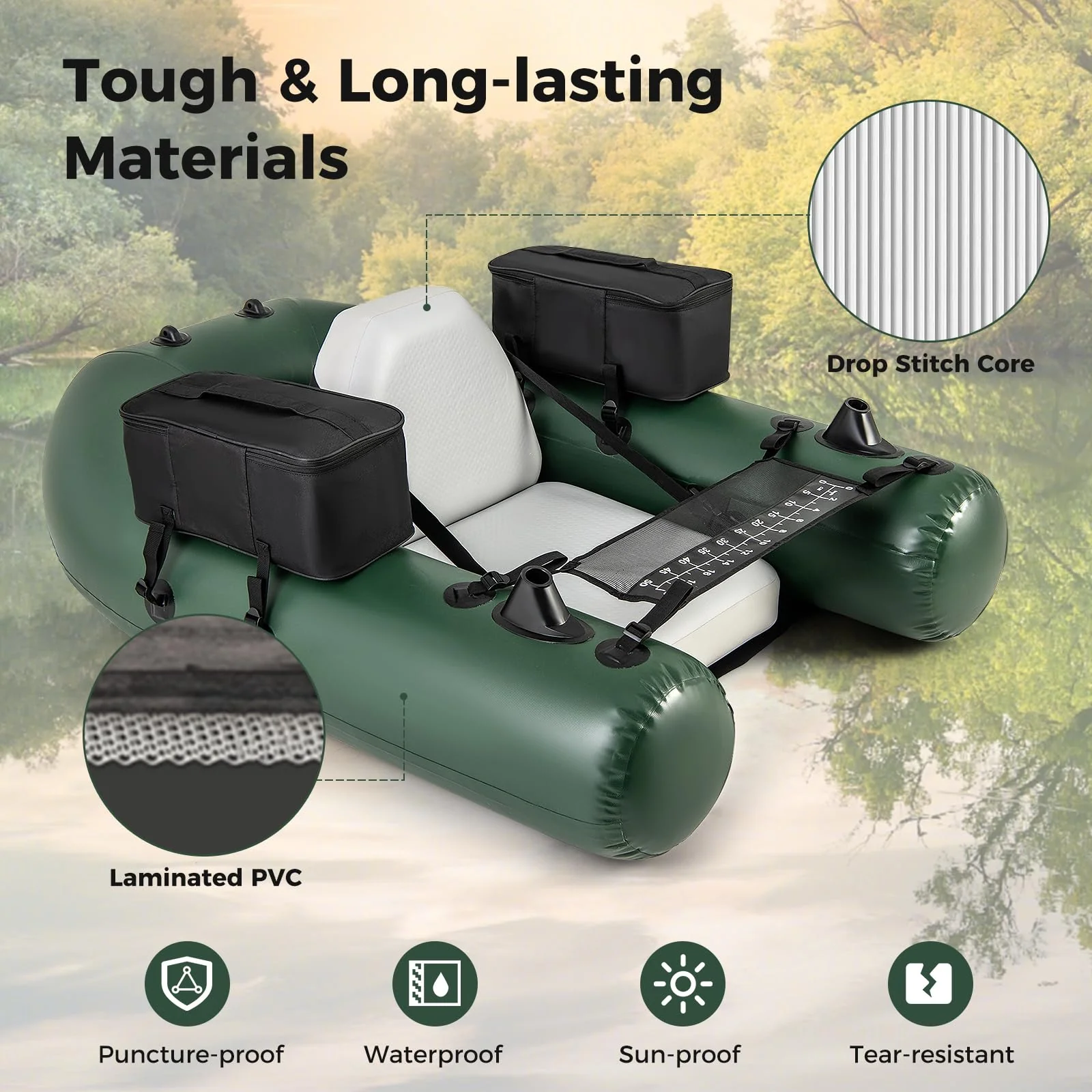 Goplus Inflatable Float Tube, Fishing Belly Boat with Fish Ruler, 2 Detachable Storage Bags, Pump, Carry Bag - Image 3