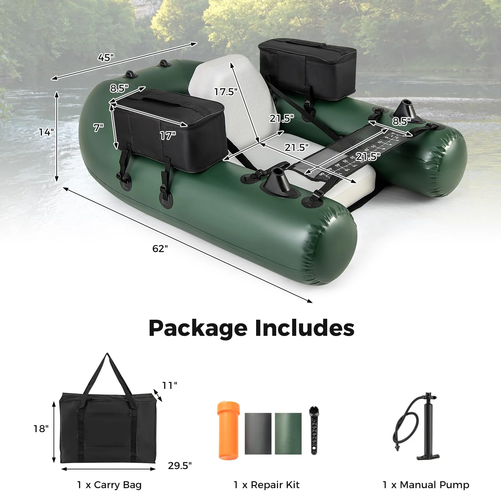 Goplus Inflatable Float Tube, Fishing Belly Boat with Fish Ruler, 2 Detachable Storage Bags, Pump, Carry Bag - Image 6