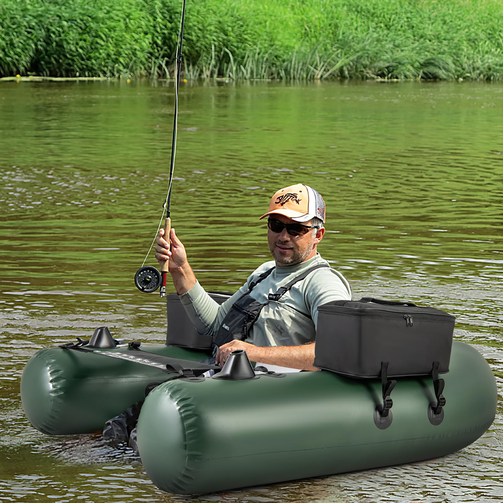 Goplus Inflatable Float Tube, Fishing Belly Boat with Fish Ruler, 2 Detachable Storage Bags, Pump, Carry Bag - Image 8