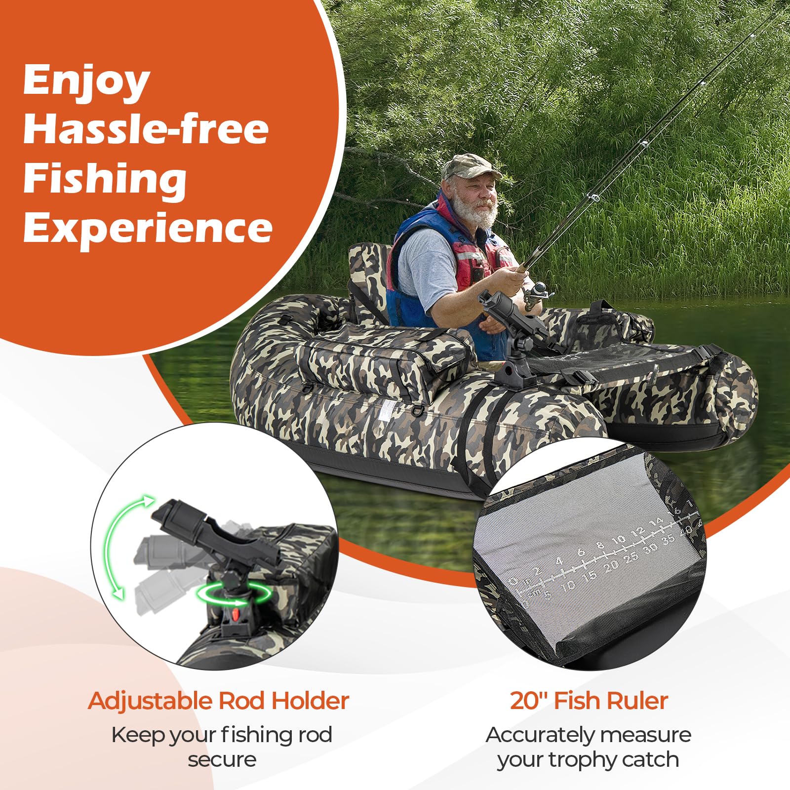 Goplus Inflatable Float Tube, Fishing Belly Boat with Fish Ruler, Pump, Storage Bag - Image 3