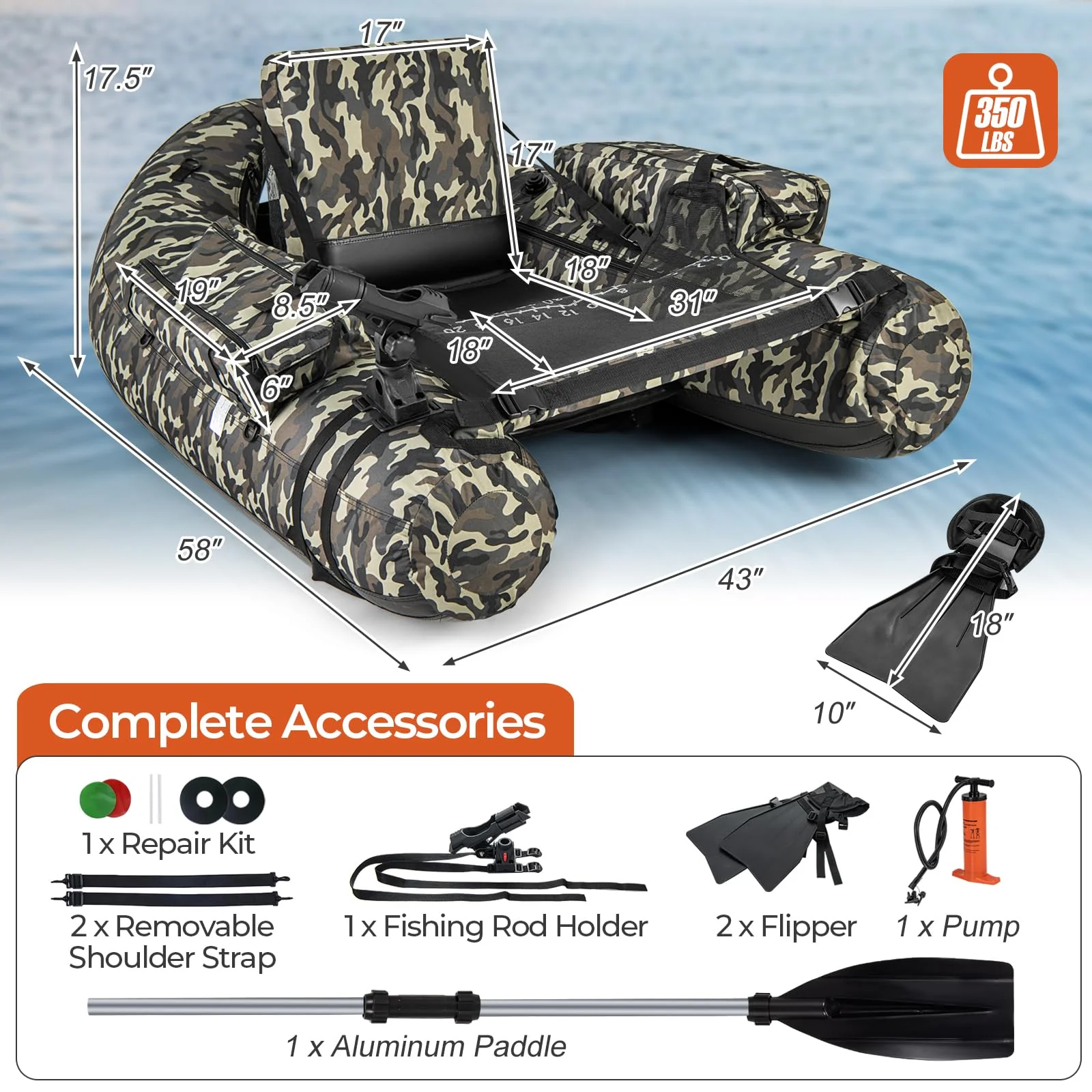 Goplus Inflatable Float Tube, Fishing Belly Boat with Fish Ruler, Pump, Storage Bag - Image 6