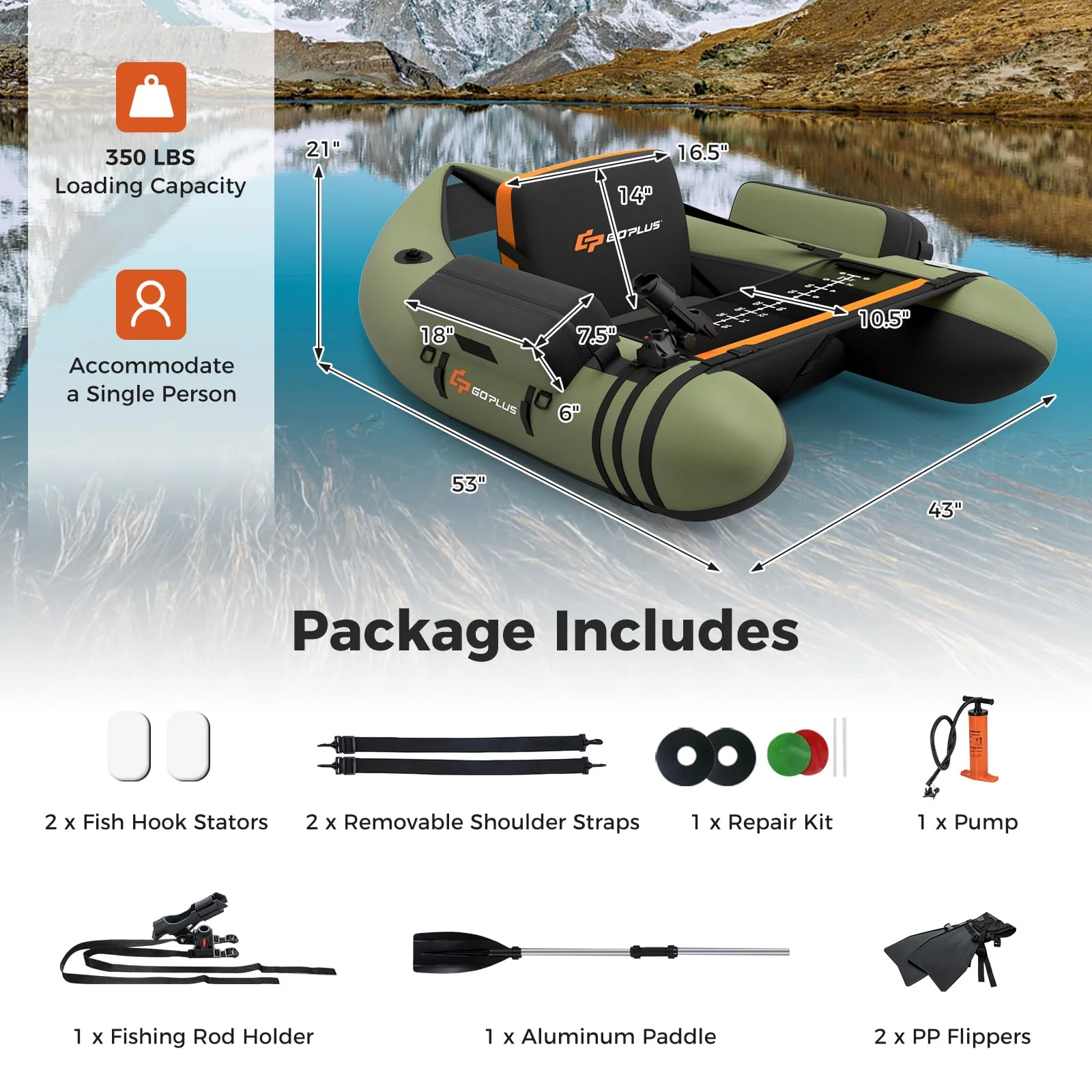 Goplus Inflatable Float Tube, Fishing Belly Boat with Fish Ruler, Pump, Storage Bag, Adjustable Straps - Image 3