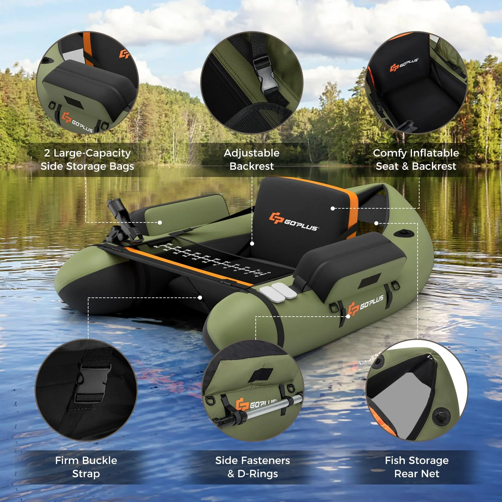 Goplus Inflatable Float Tube, Fishing Belly Boat with Fish Ruler, Pump, Storage Bag, Adjustable Straps - Image 9