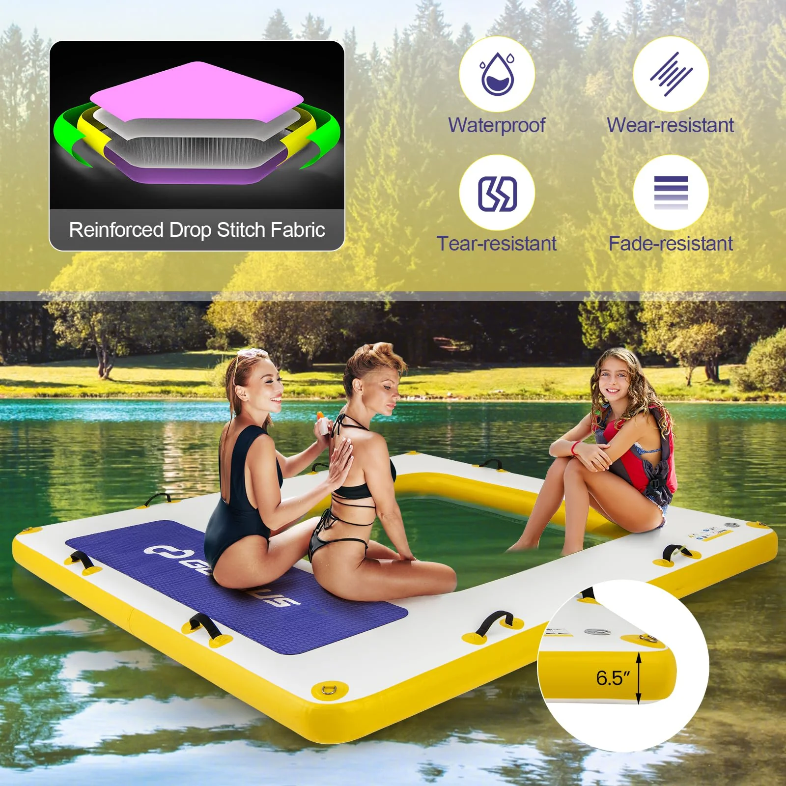 Goplus Inflatable Floating Dock, 8FT x 8FTt x 6.5Inch Thick Swim Dock Platform w/Mesh Swim Lounge - Image 4