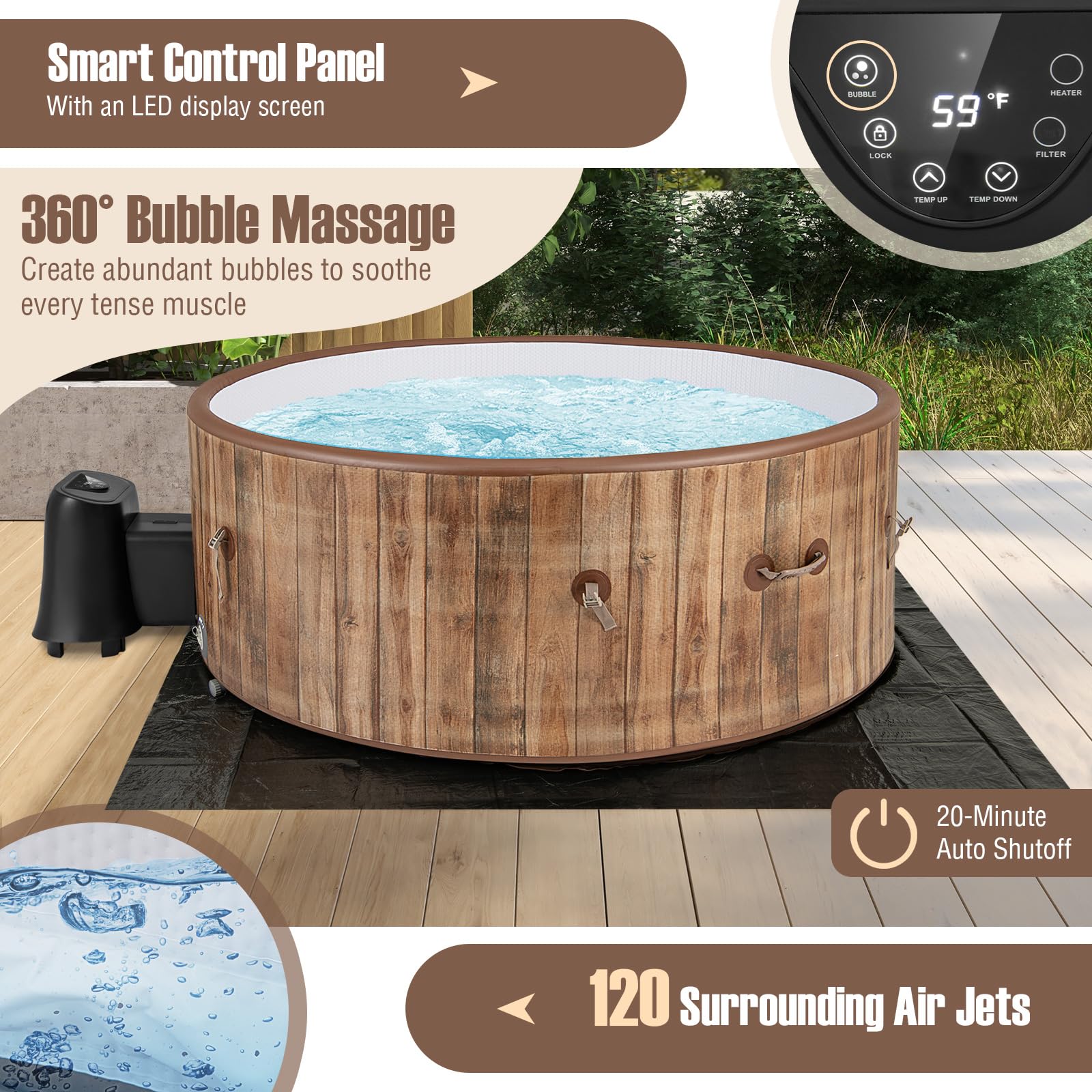 Goplus Inflatable Hot Tub, 4-6 Person 72” Round Pool Hottub w/120 Air Jets, Heater Pump, Control Panel - Image 3
