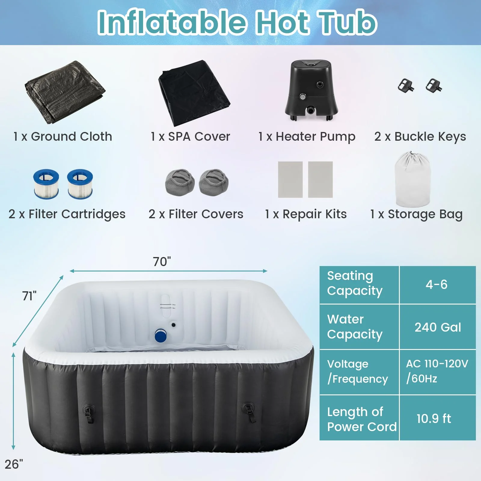 Goplus Inflatable Hot Tub, Blowup Pool Hottub, Portable Outdoor Water SPA - Image 7