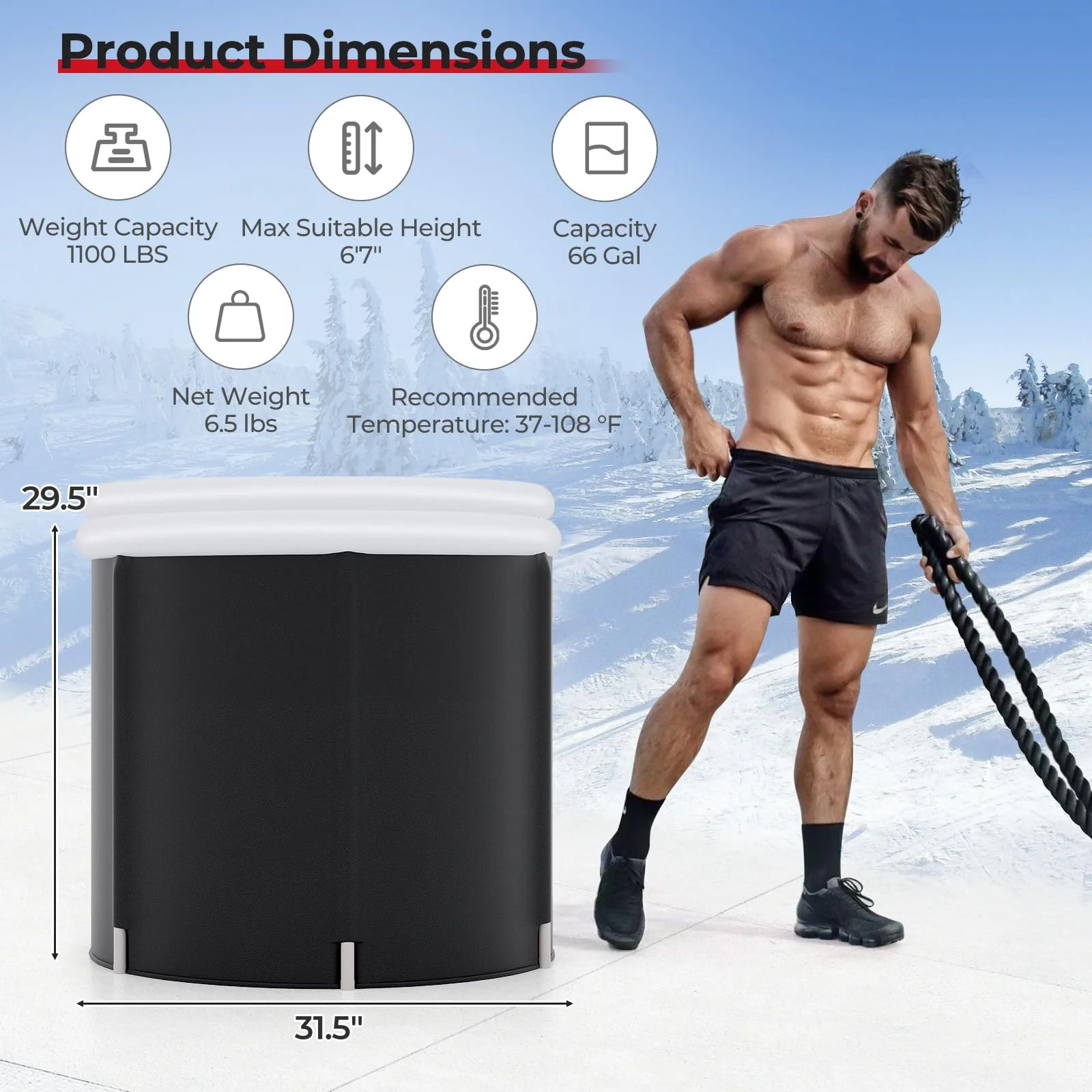 Goplus Inflatable Ice Bath Tub, Portable Cold Water Therapy Tub w/Cover, 6 Sturdy Support Rods, Inflator - Image 6