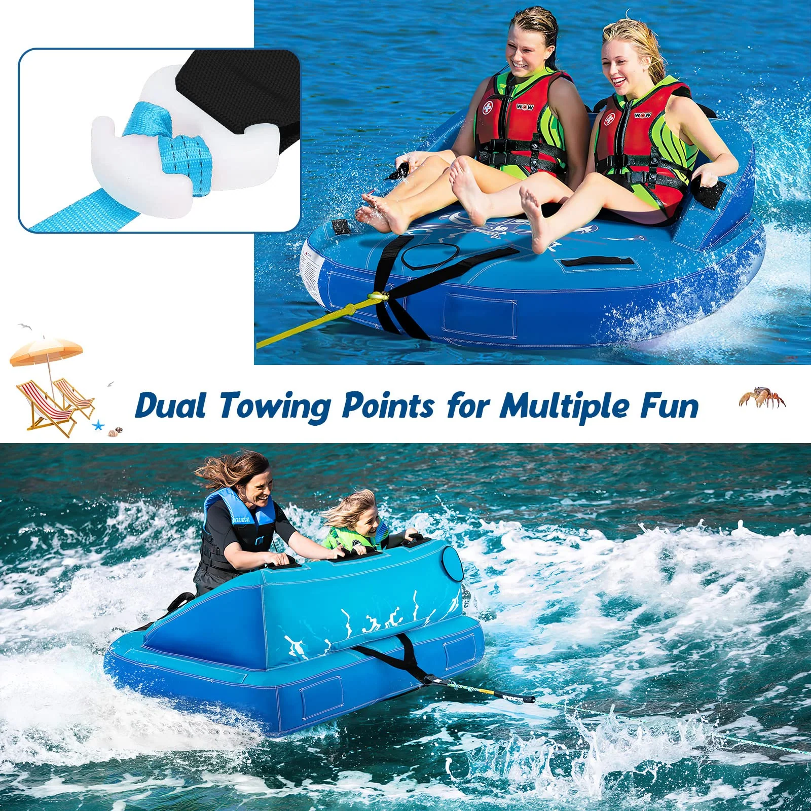 Goplus Inflatable Towable Tubes for Boating, 1-2 Person Water Sport Towables for Boat to Pull, Sofa Style Boat Tube with Drainage - Image 3