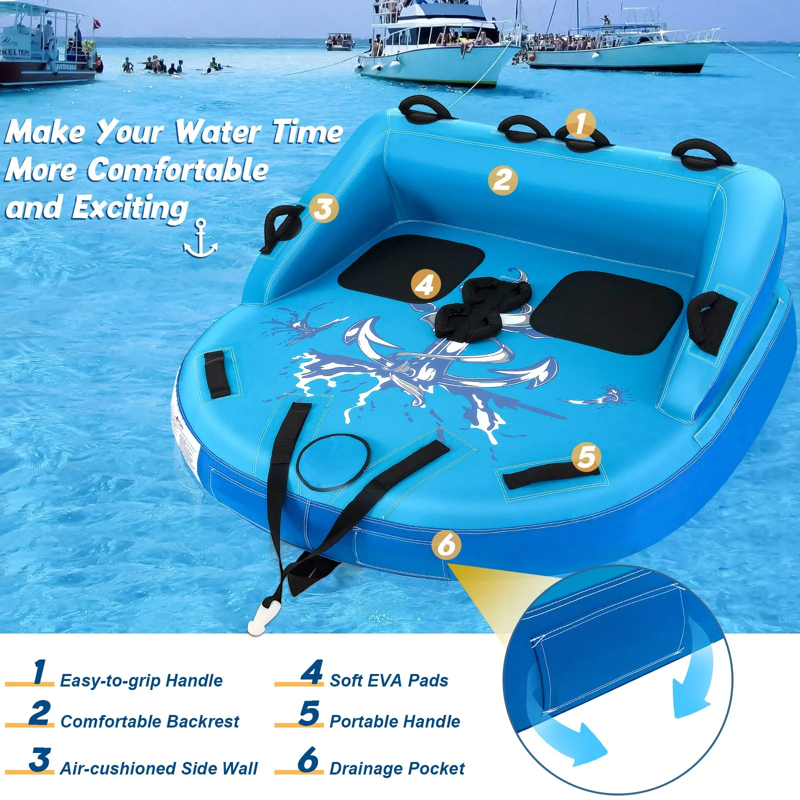 Goplus Inflatable Towable Tubes for Boating, 1-2 Person Water Sport Towables for Boat to Pull, Sofa Style Boat Tube with Drainage - Image 5