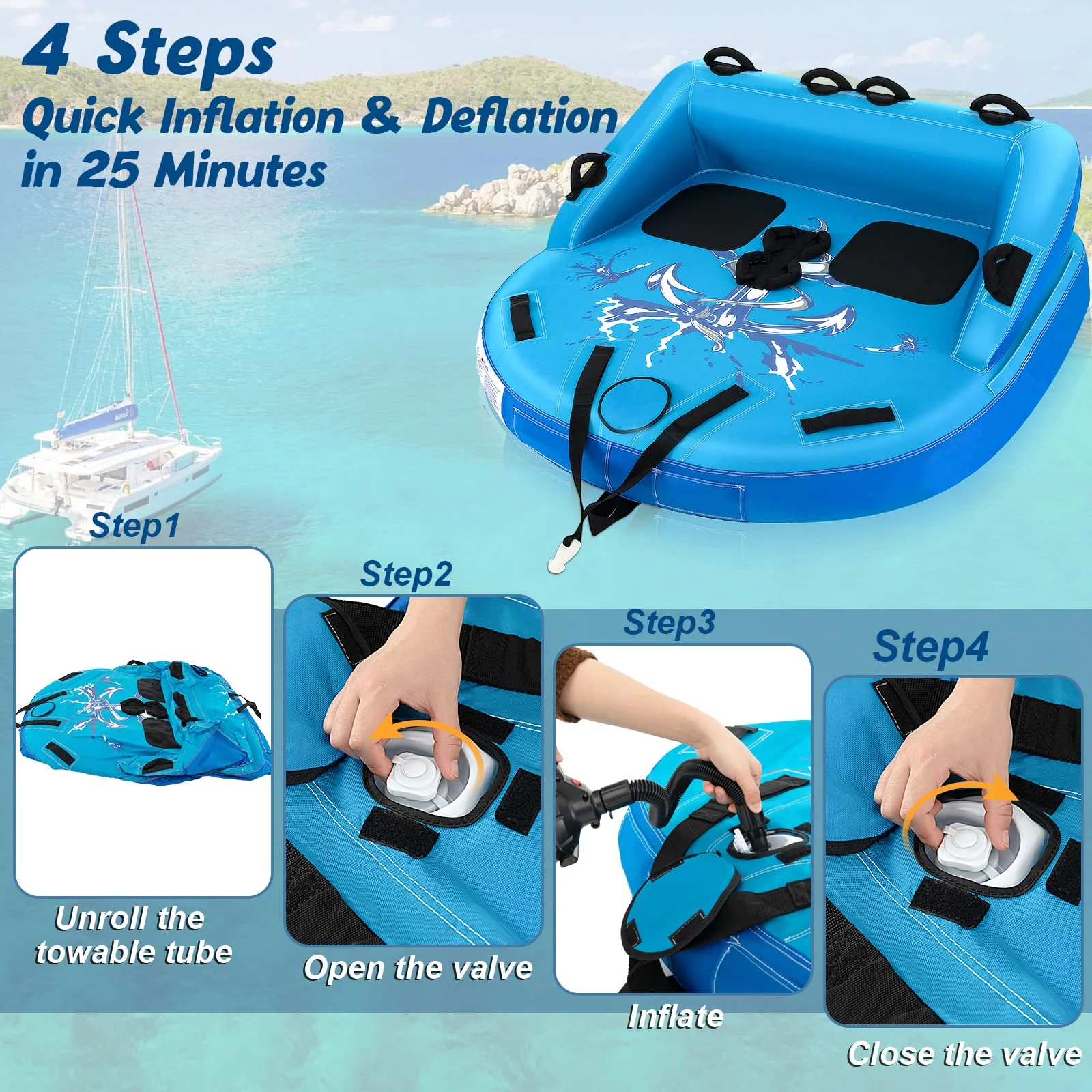 Goplus Inflatable Towable Tubes for Boating, 1-2 Person Water Sport Towables for Boat to Pull, Sofa Style Boat Tube with Drainage - Image 6