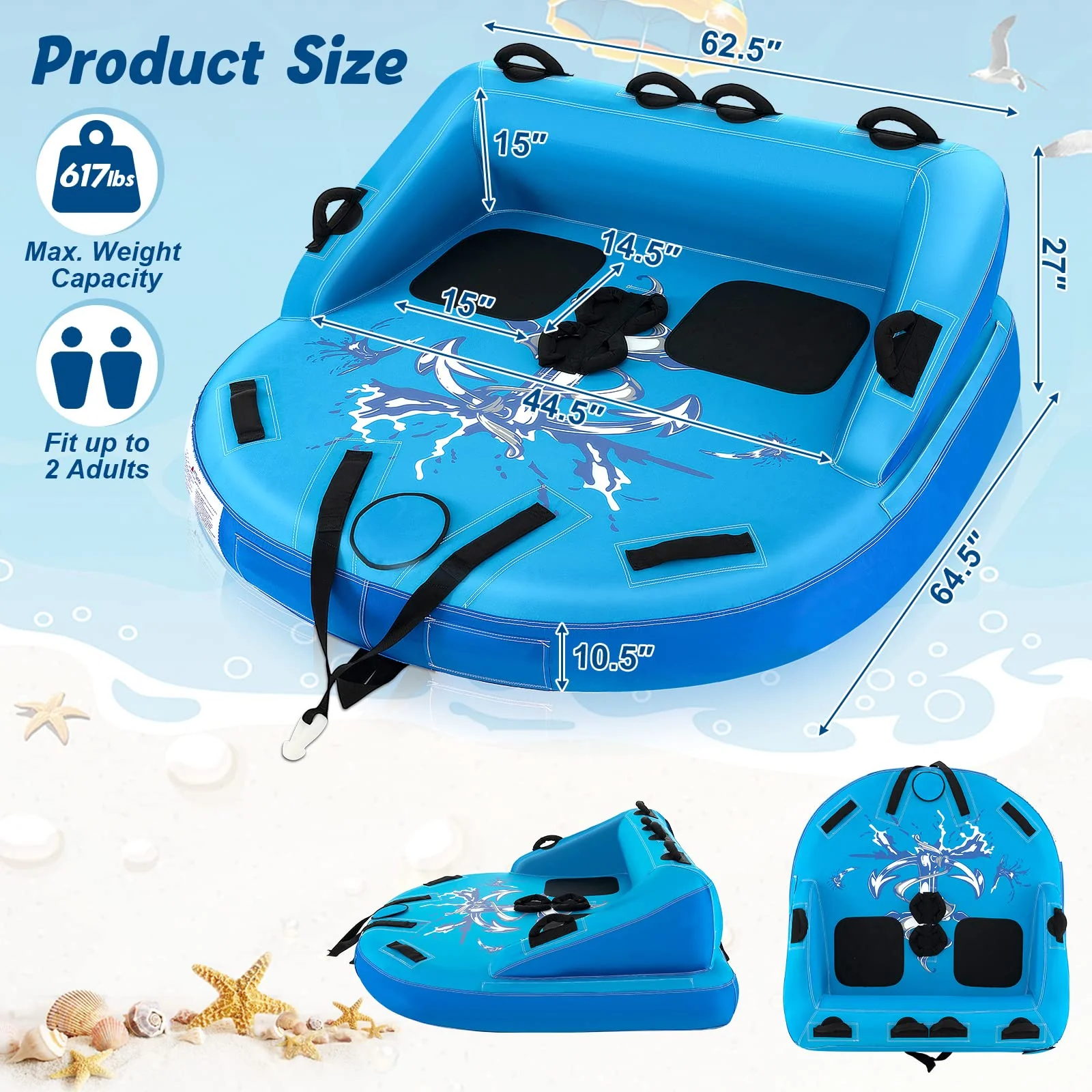 Goplus Inflatable Towable Tubes for Boating, 1-2 Person Water Sport Towables for Boat to Pull, Sofa Style Boat Tube with Drainage - Image 7