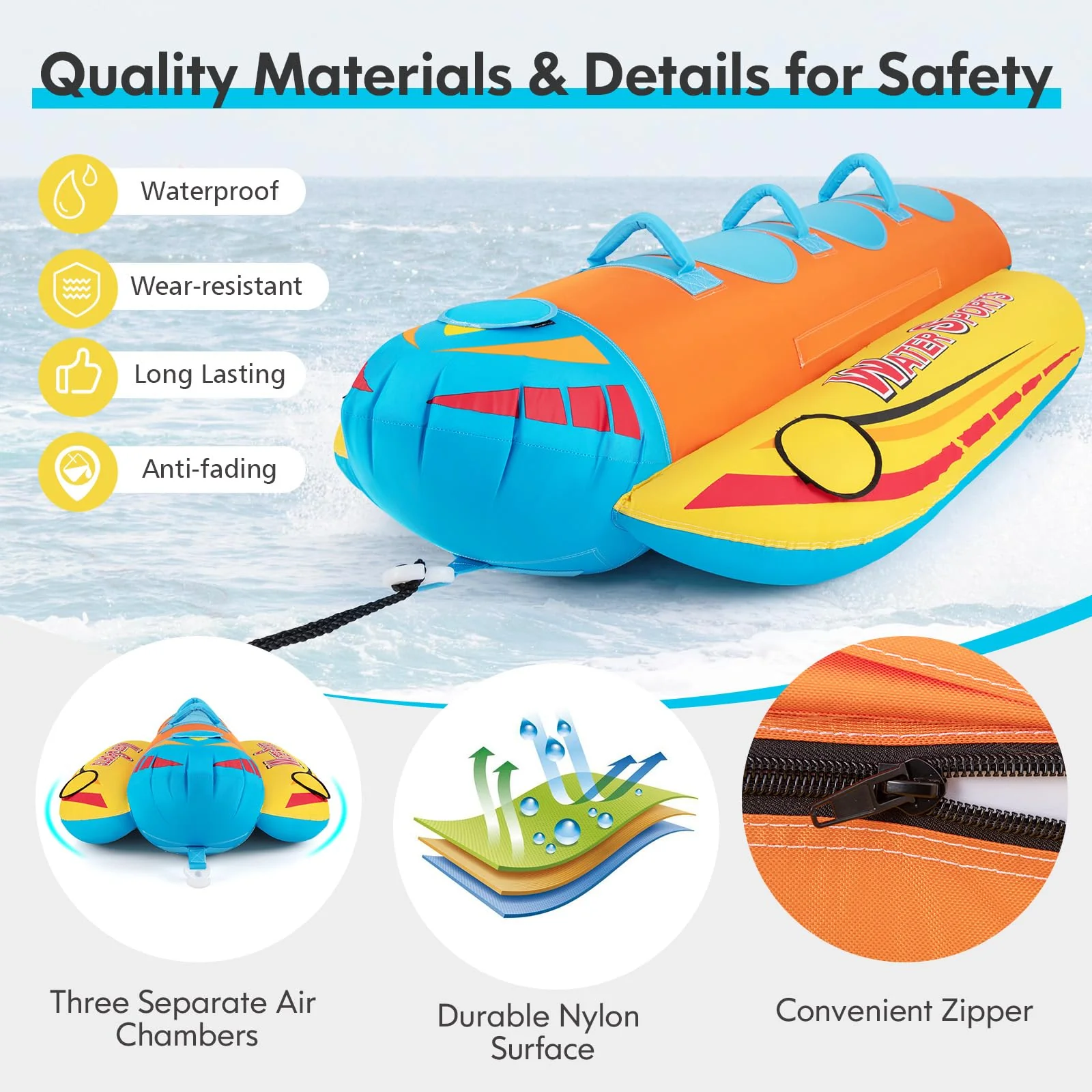 Goplus Inflatable Towable Tubes for Boating, Water Sports Banana Boat with 3 EVA-padded Seats for Towing Rider - Image 3