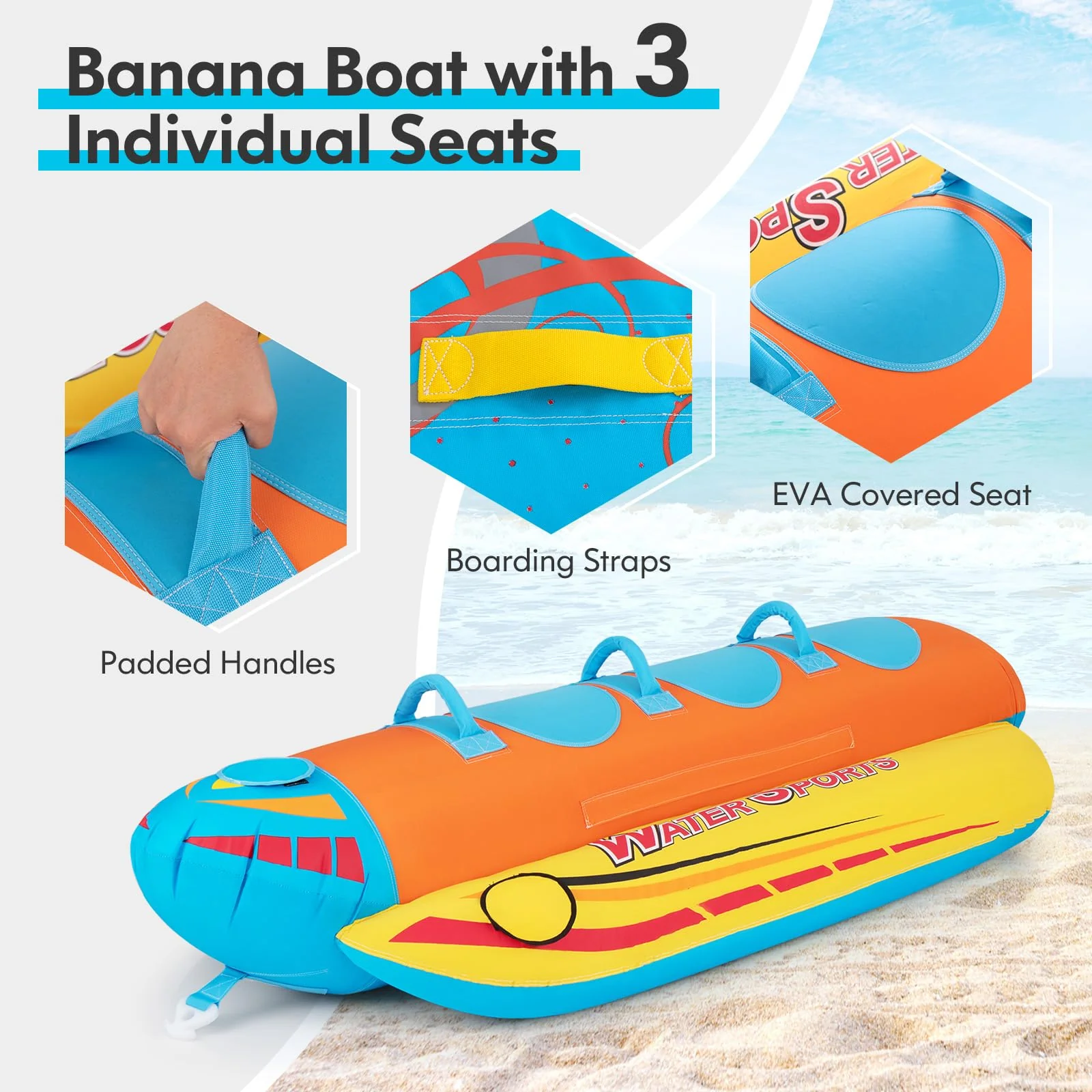 Goplus Inflatable Towable Tubes for Boating, Water Sports Banana Boat with 3 EVA-padded Seats for Towing Rider - Image 4