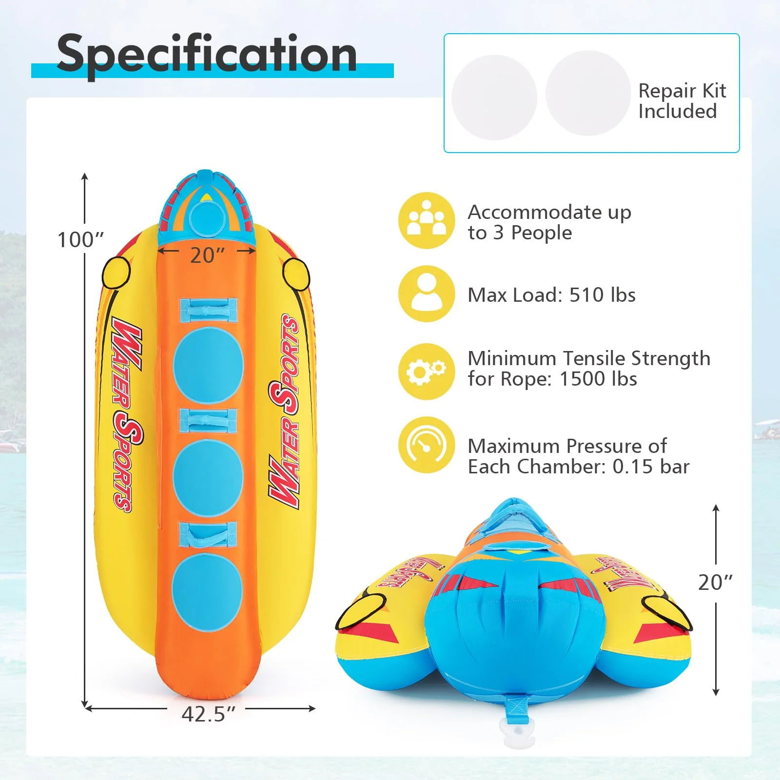 Goplus Inflatable Towable Tubes for Boating, Water Sports Banana Boat with 3 EVA-padded Seats for Towing Rider - Image 6