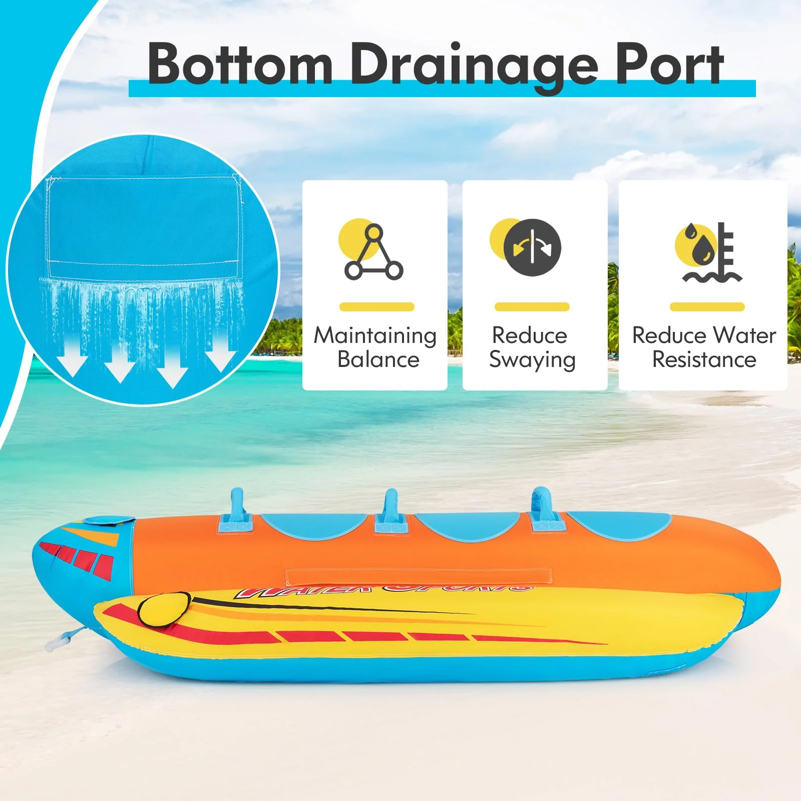 Goplus Inflatable Towable Tubes for Boating, Water Sports Banana Boat with 3 EVA-padded Seats for Towing Rider - Image 7