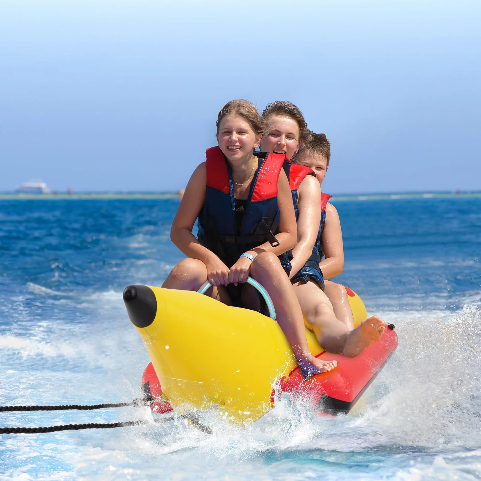 Goplus Inflatable Towable Tubes for Boating, 1-3 Rider Hot Dog Tube w/Electric Air Pump, Carrying Bag - Image 2