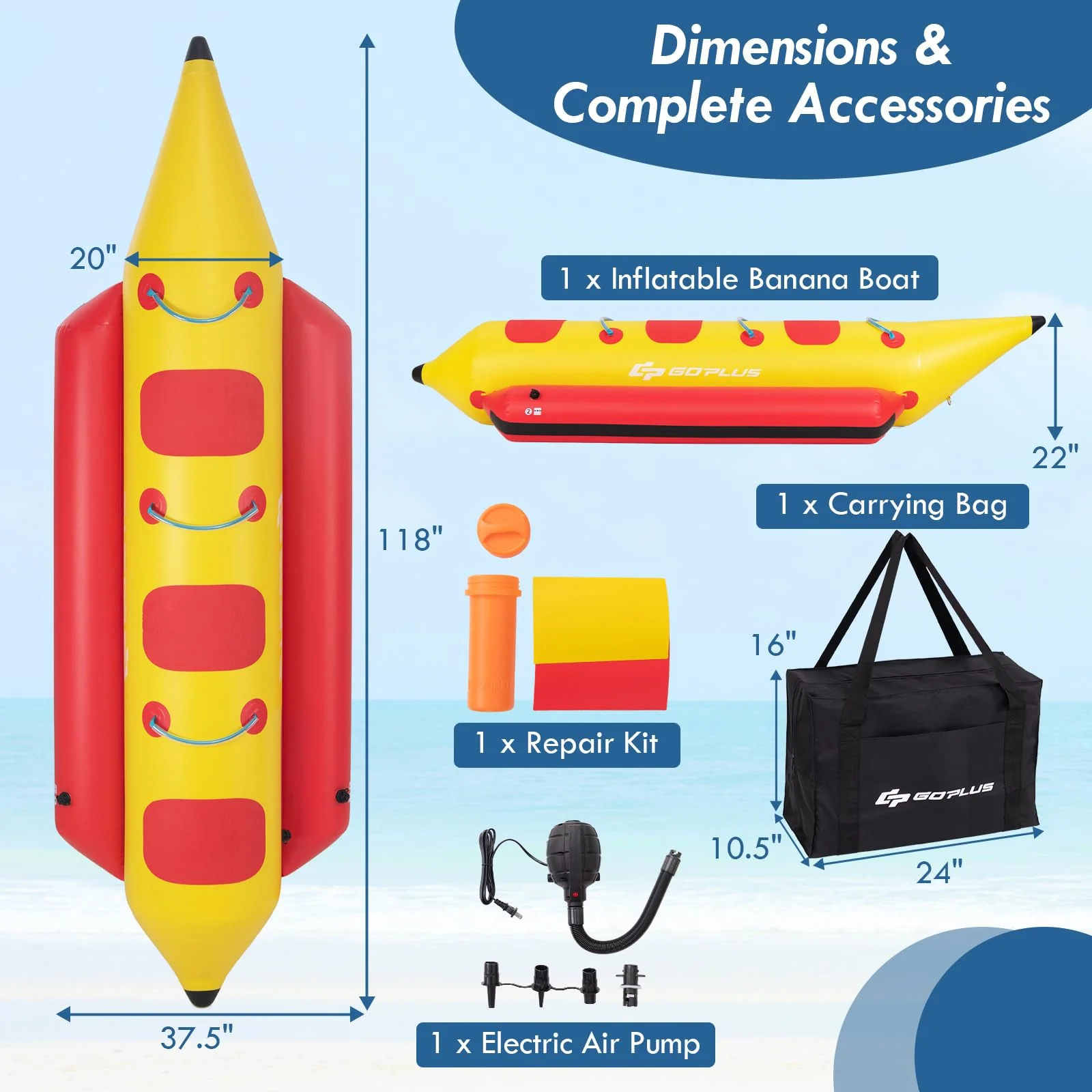 Goplus Inflatable Towable Tubes for Boating, 1-3 Rider Hot Dog Tube w/Electric Air Pump, Carrying Bag - Image 7