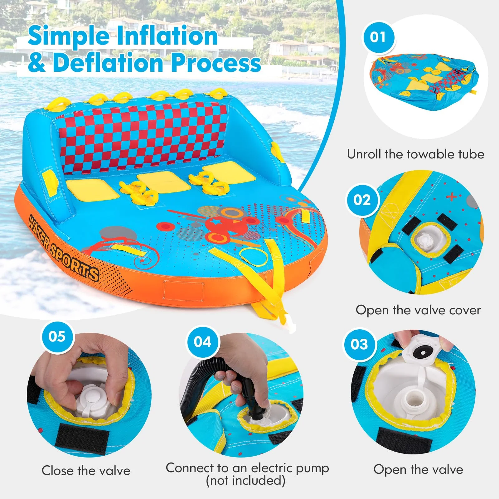 Goplus Inflatable Towable Tubes for Boating, 1-3 Riders Water Sport Towables for Boat - Image 4
