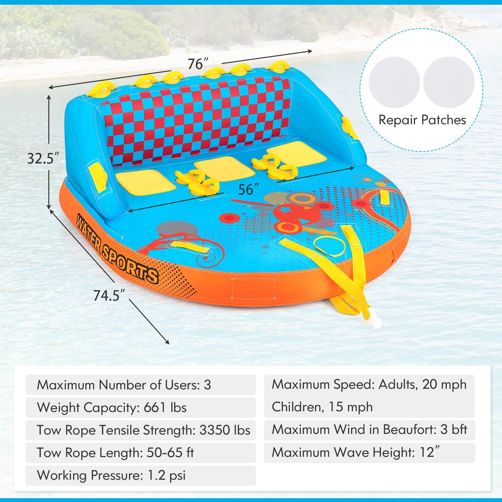 Goplus Inflatable Towable Tubes for Boating, 1-3 Riders Water Sport Towables for Boat - Image 6