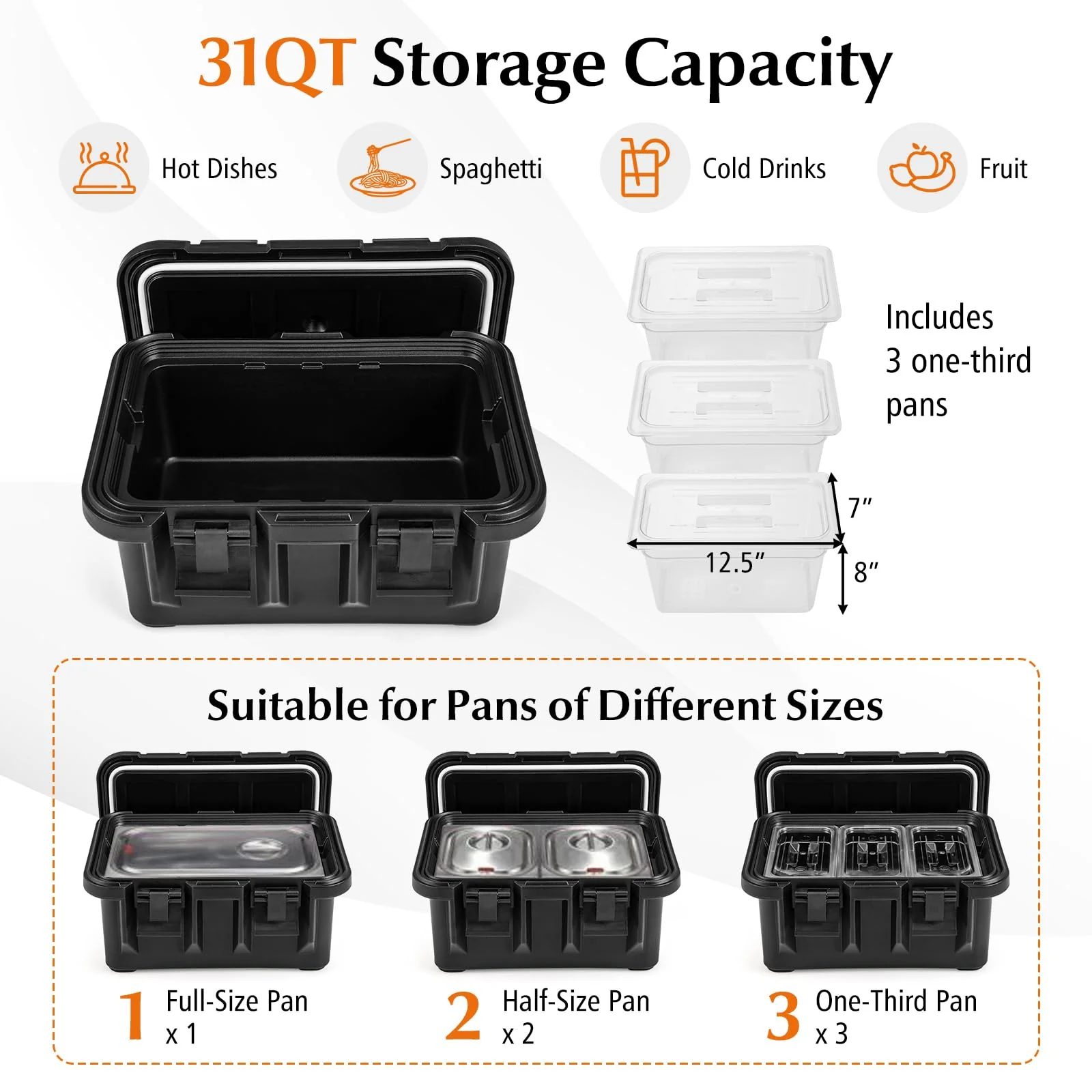 Goplus Insulated Food Pan Container, 31 QT Stackable Hot Box w/ 3 Transparent One-Third Pans with Lids - Image 5