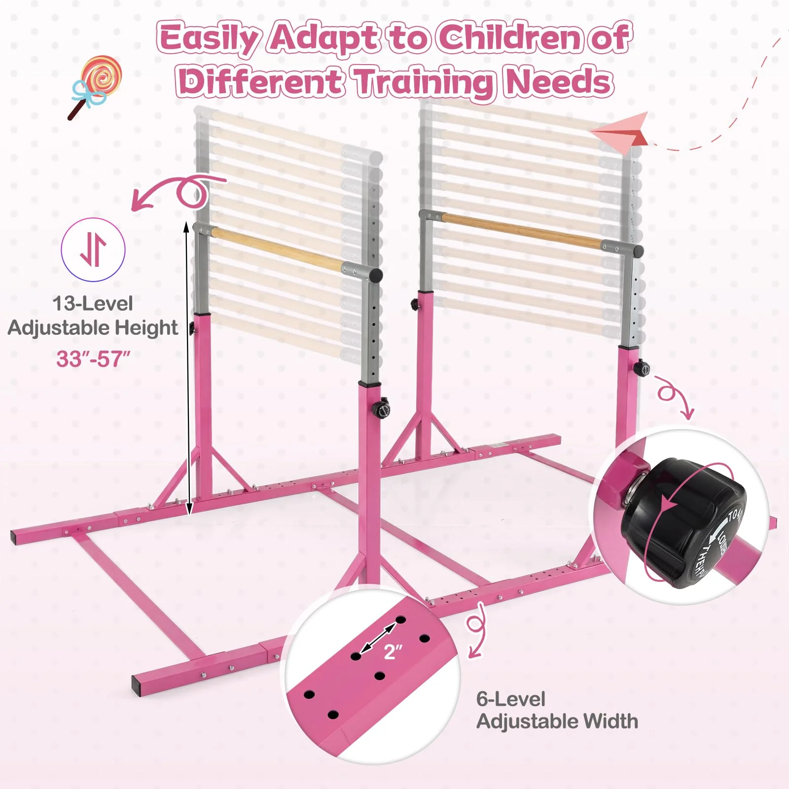 Goplus Junior Gymnastic Parallel Bars with 13-Level 33"-57" Adjustable Heights & 6-Level Adjustable Width - Image 2
