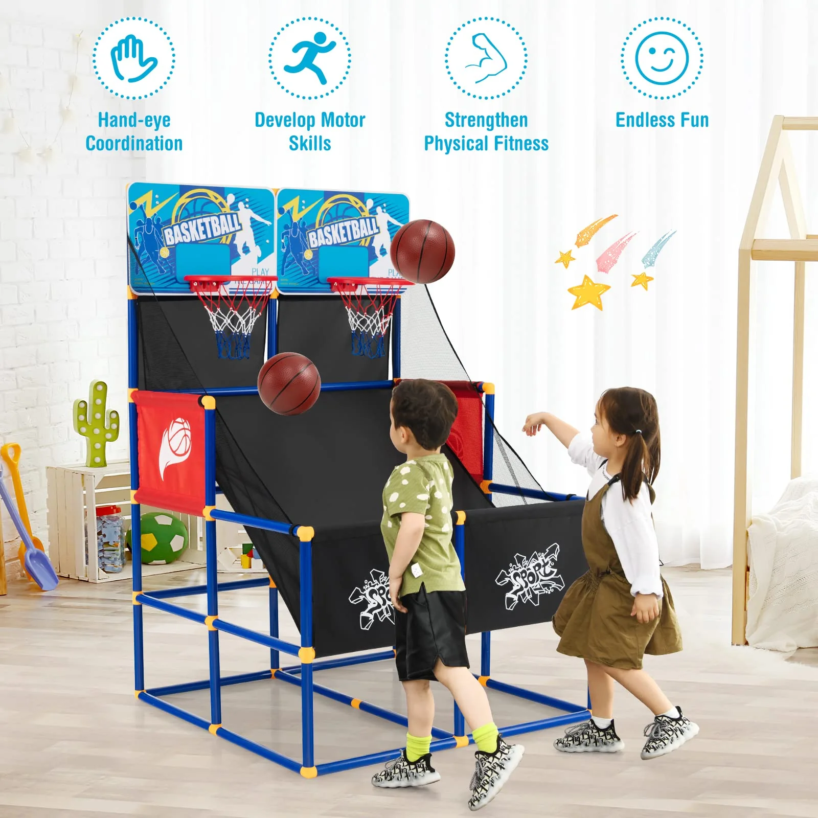 Goplus Kids Basketball Arcade Game, Dual Shot Basketball Game for 2 Players with 4 Balls & Inflation Pump - Image 3