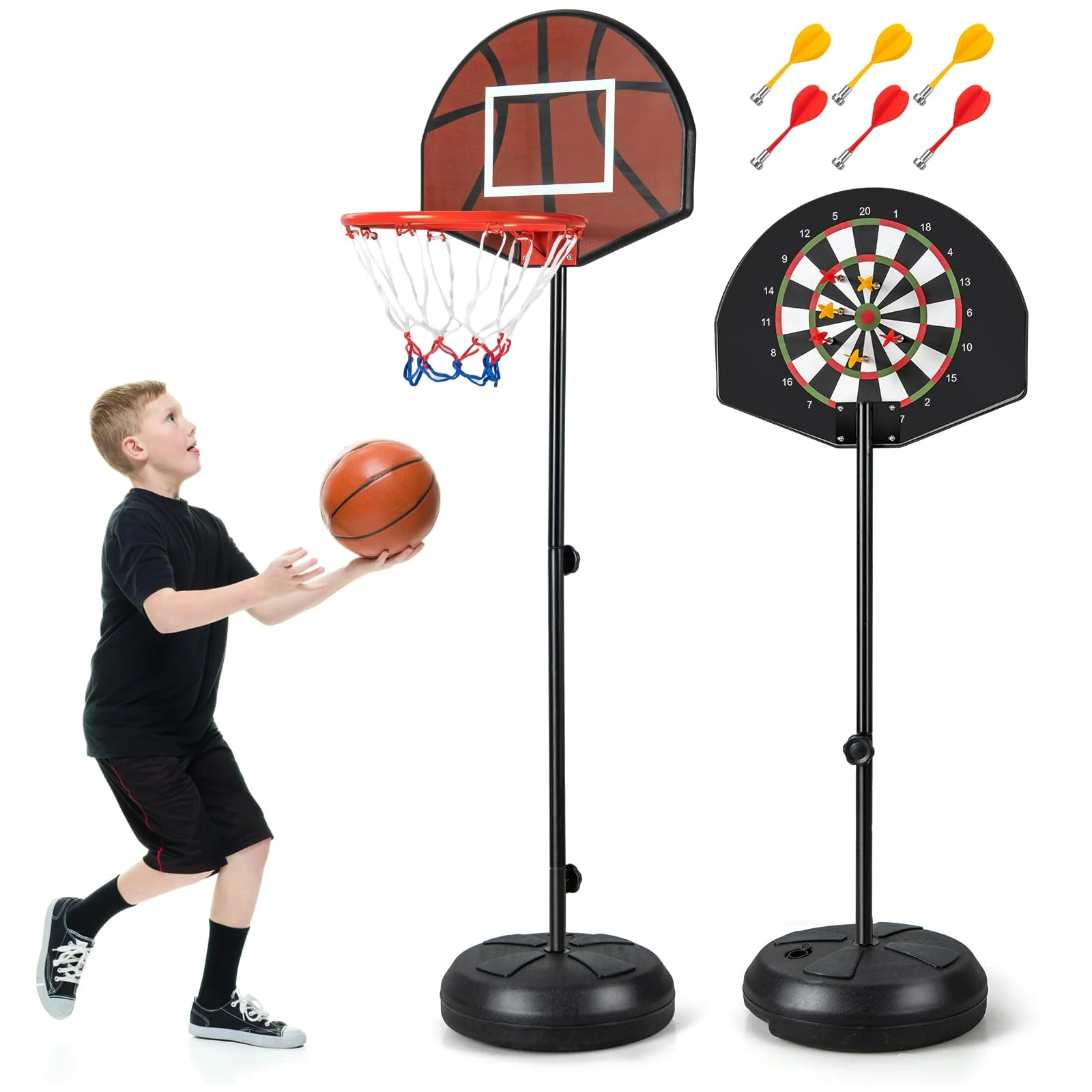 Goplus Kids Basketball Hoop, 2-in-1 Toddler Basketball Goal System with Dart Board, 6 Darts, Fillable Base